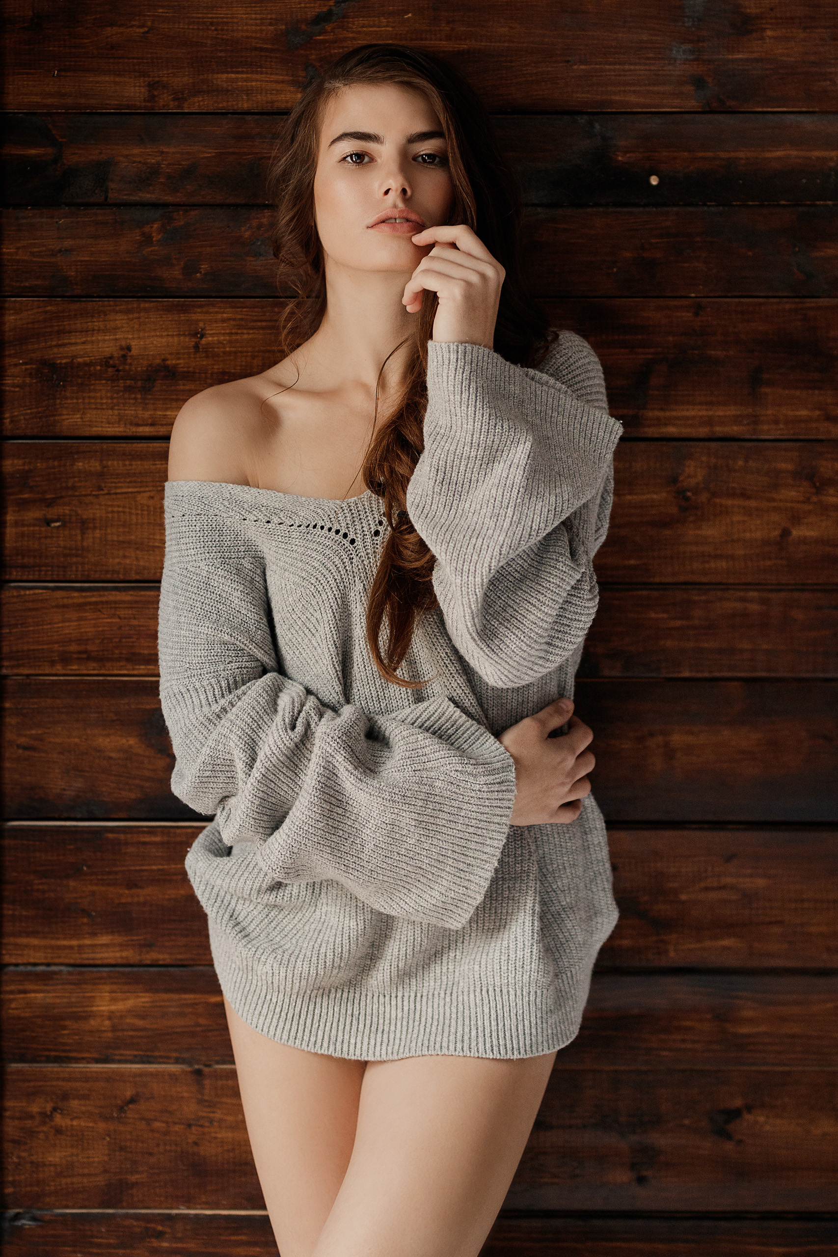 Niagara boudoir sensual gray sweater natural light casual