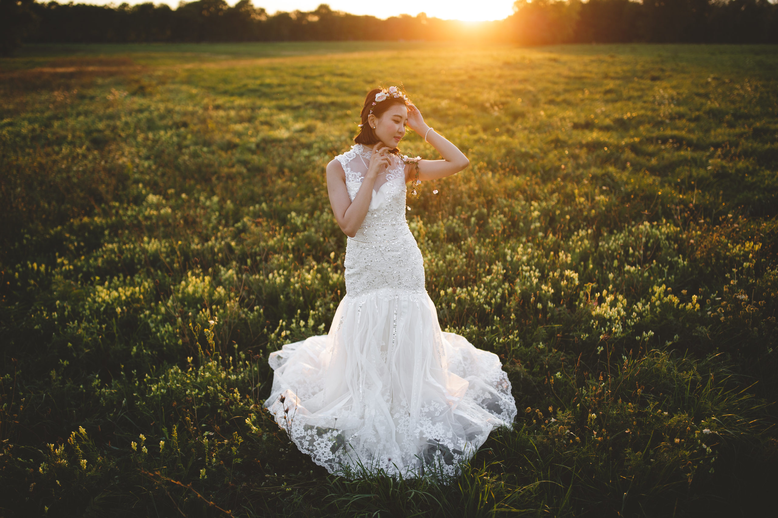 bride wedding gown field sunset flare niagara