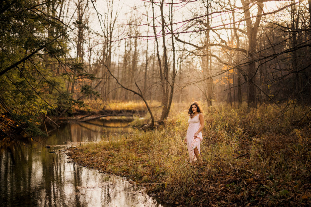 girl pink nighty boudoir outdoor fall autum leaves river afterglow