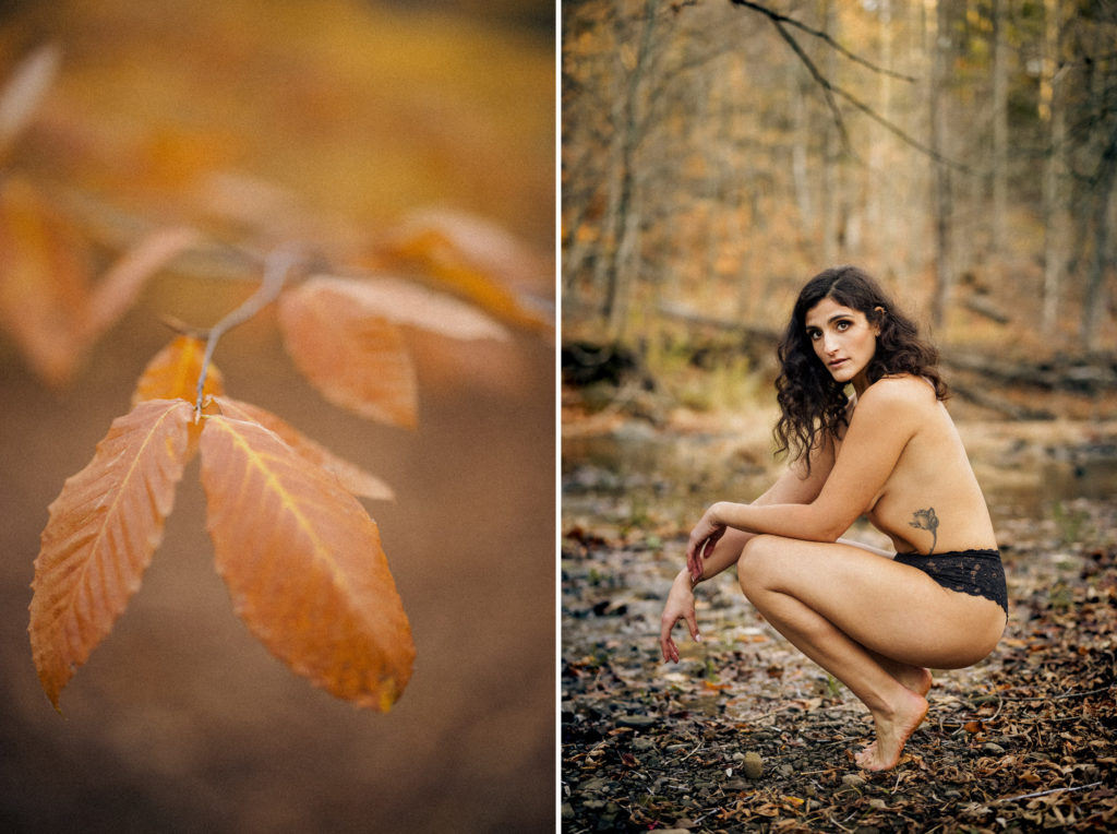 outdoor boudoir photographer topless forest yellow leaves afterglow