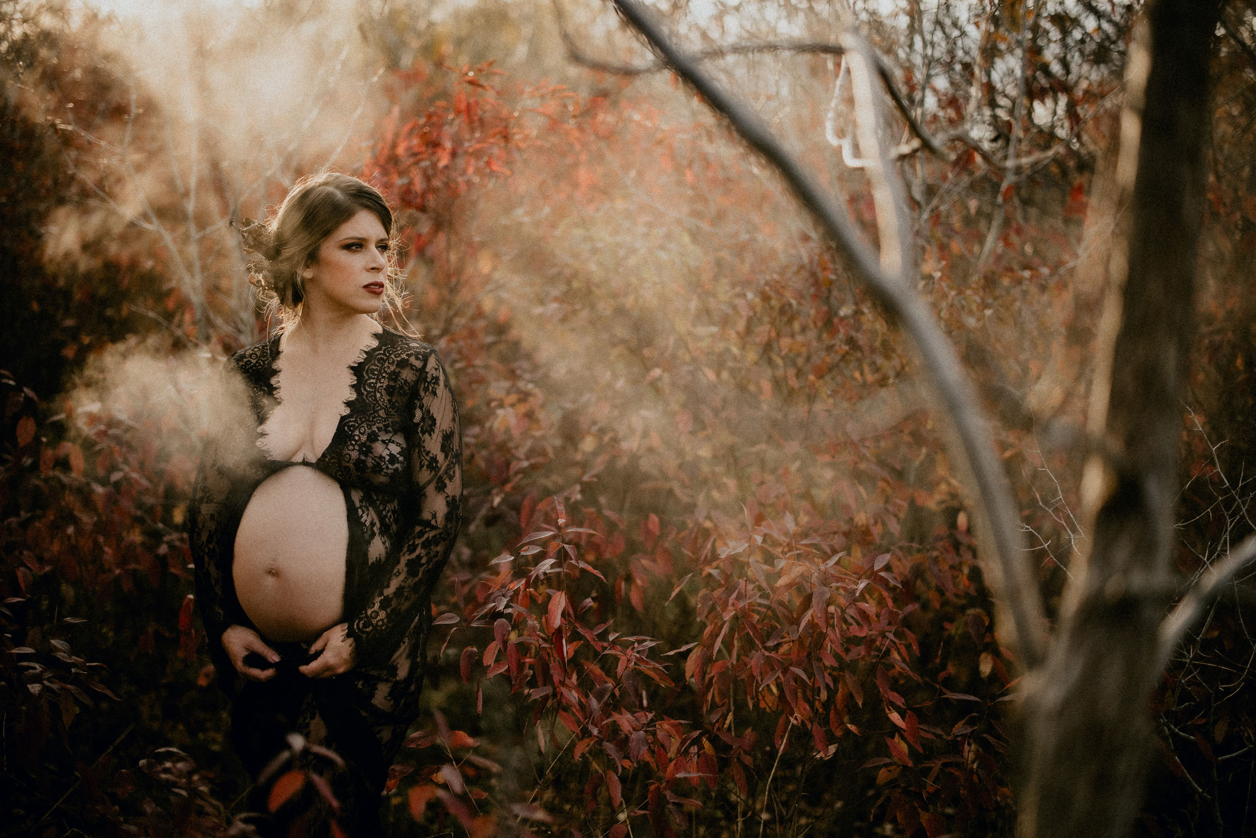 foggy autumn day maternity lace sexy boudoir