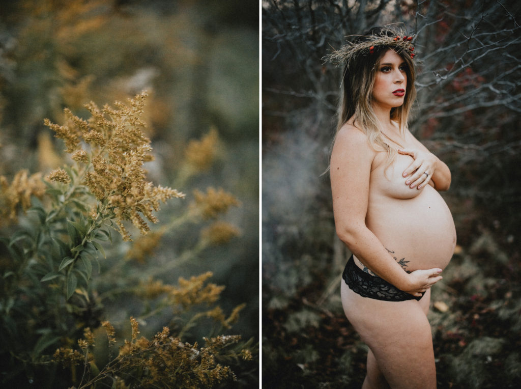 pregnant nude maternity boudoir outdoor flowers crown berries fall outdoor photography