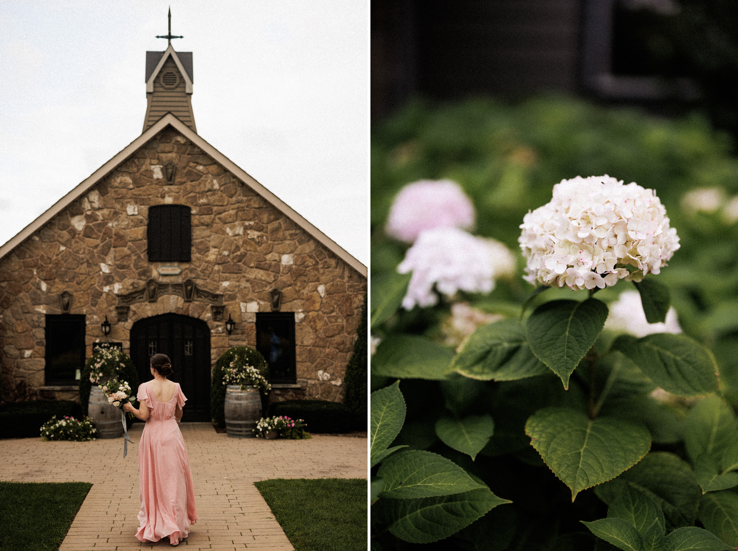 bridesmaid in front of carriage house at vineland estates winery