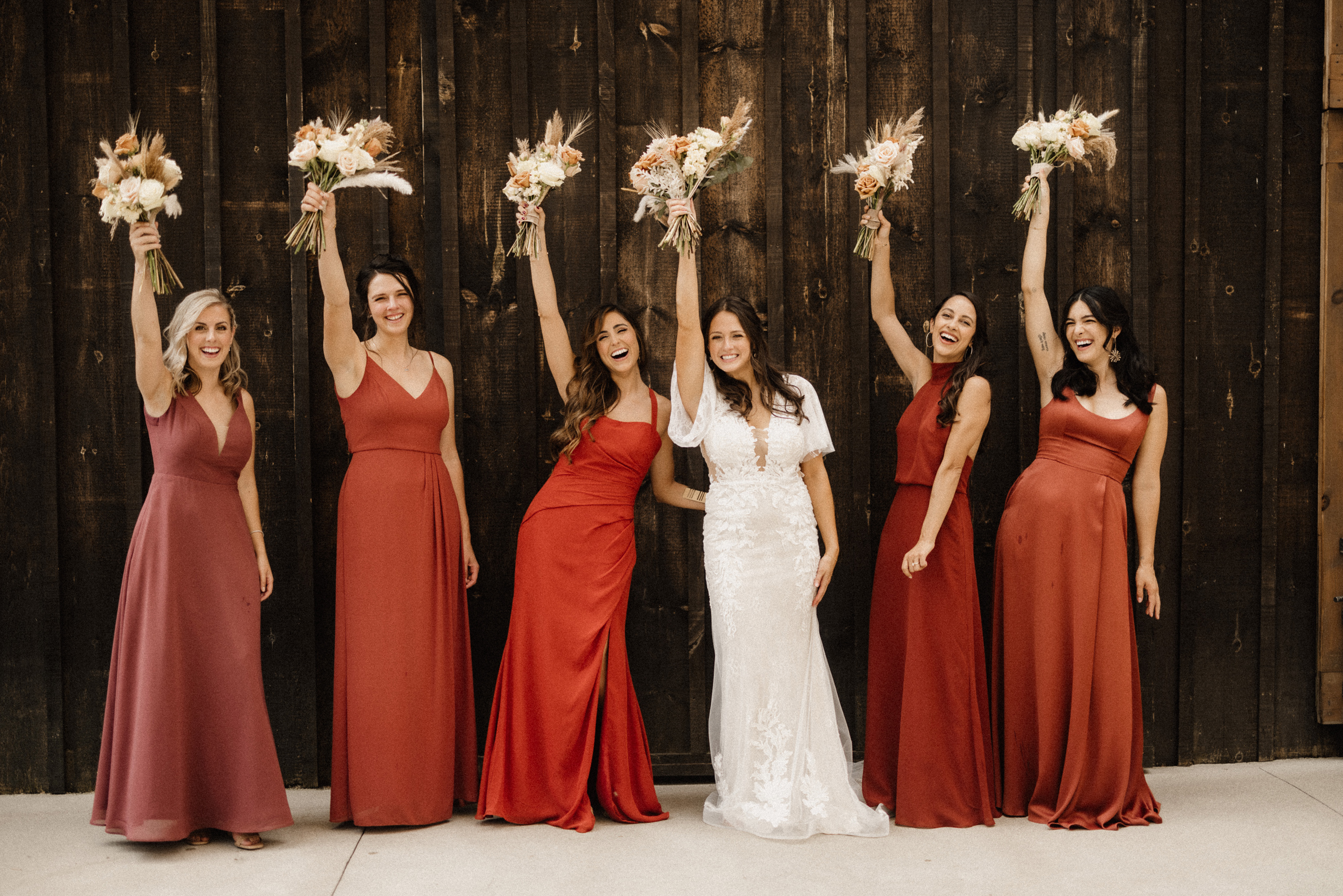 bridesmaids gowns red barn maple meadows farm wedding afterglow