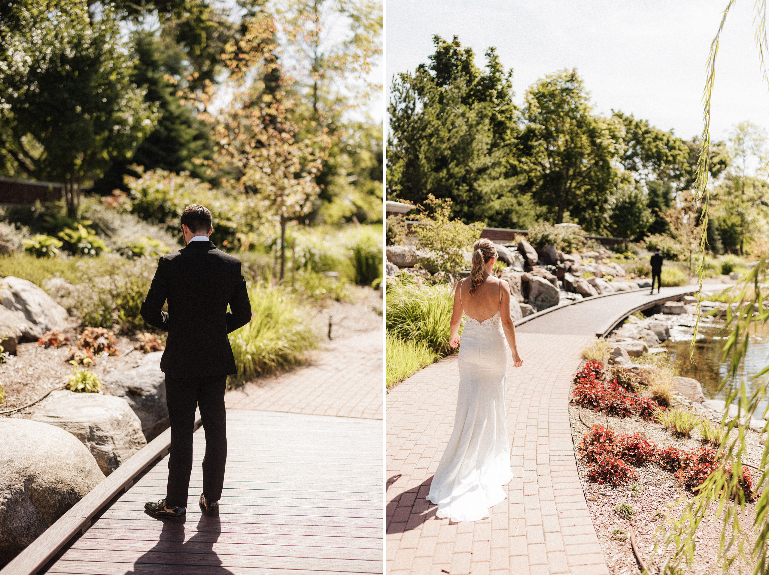 wedding first look in gardens at pillar and post NOTL photograph