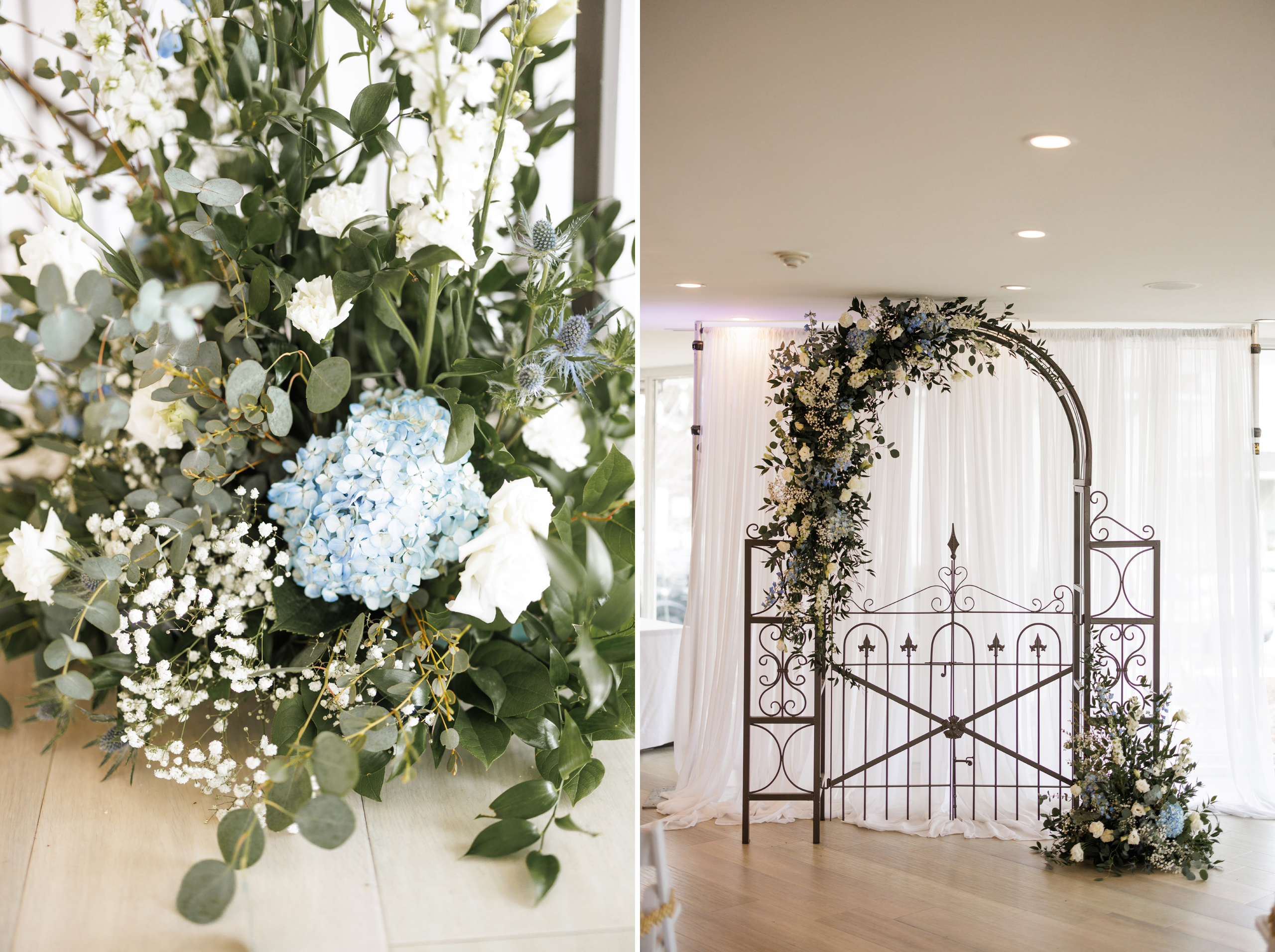 spring wedding gate house lush florals ceremony arbor