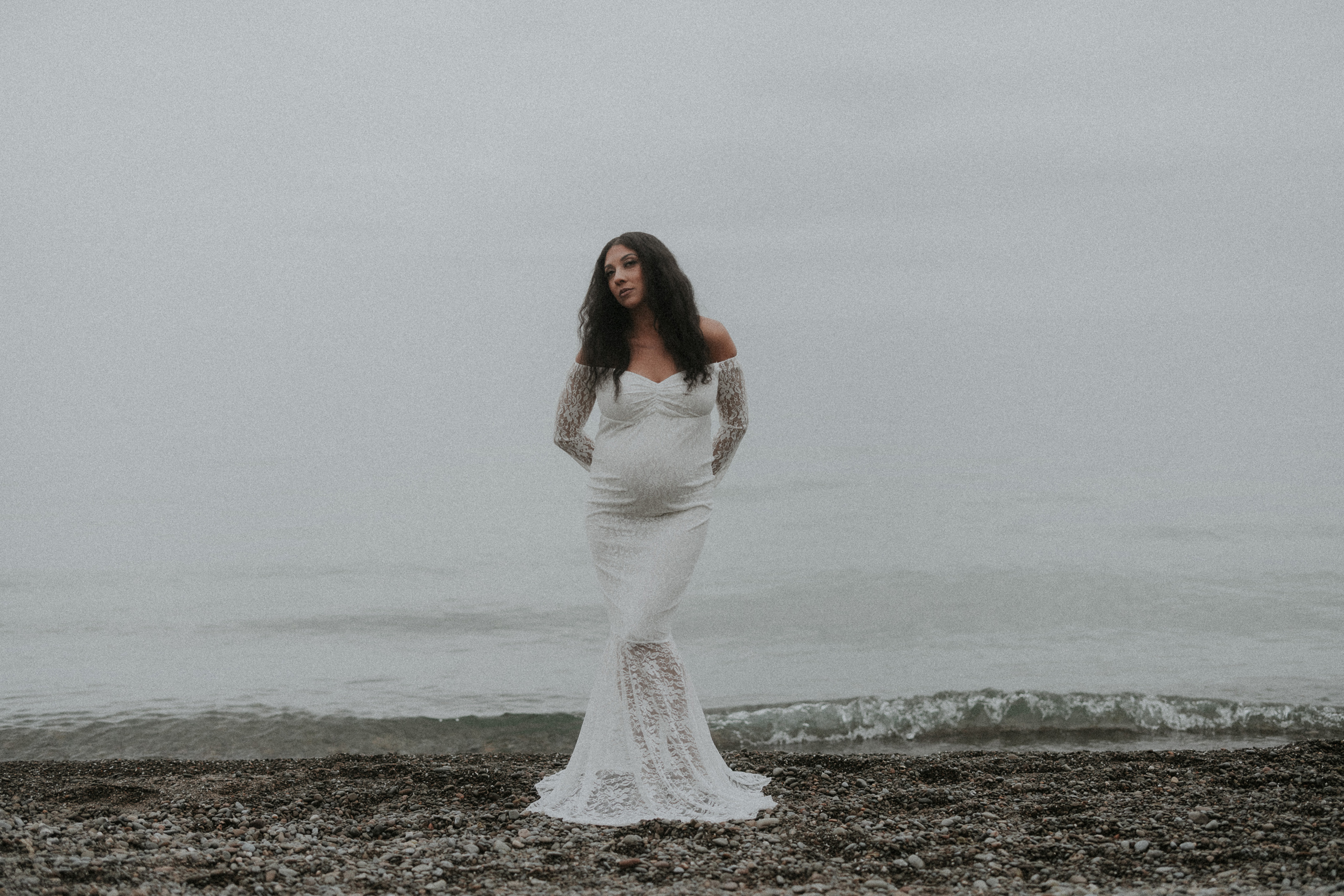 whtie lace gown pregnant maternity beach film photography