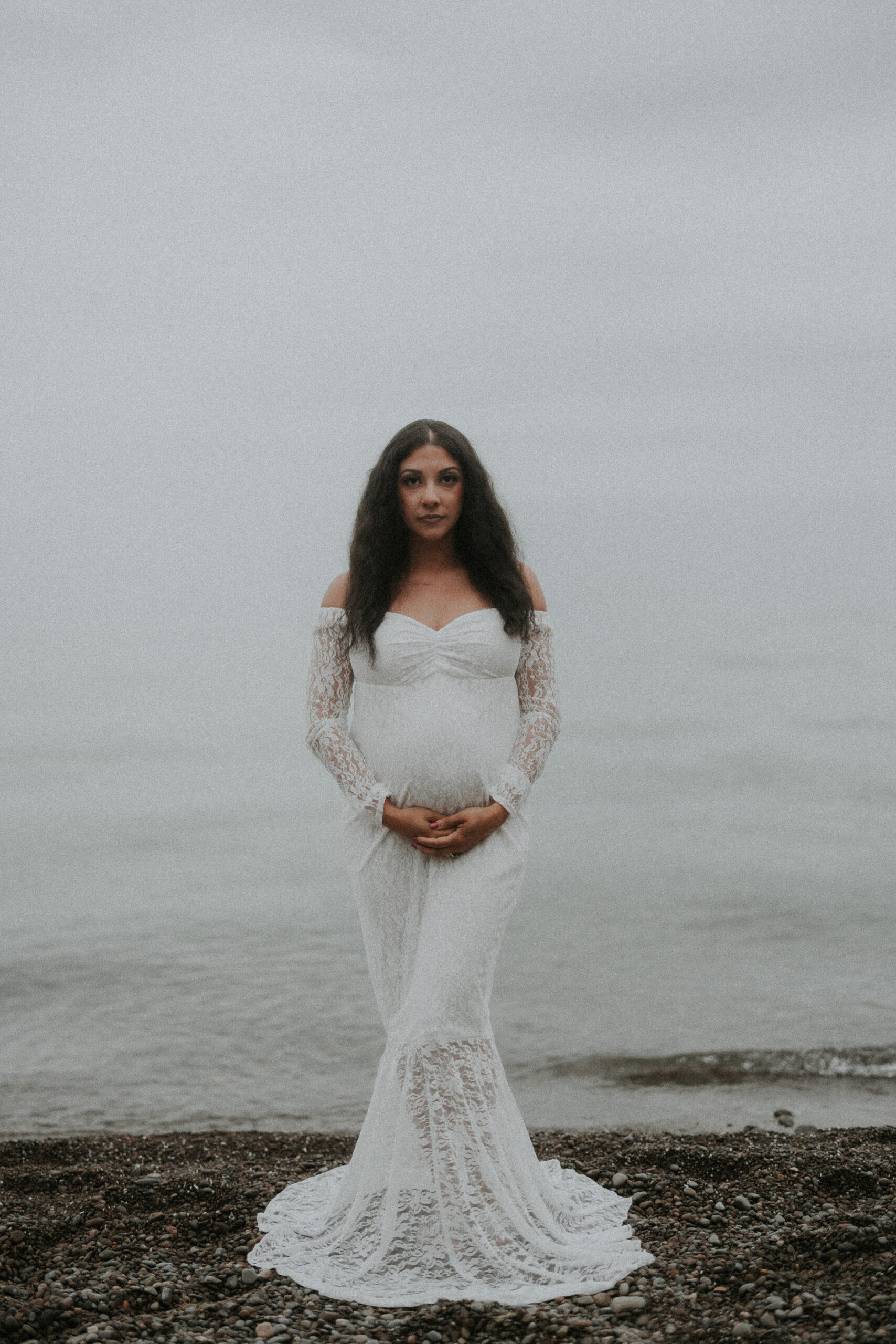 whtie lace gown pregnant maternity beach film photography