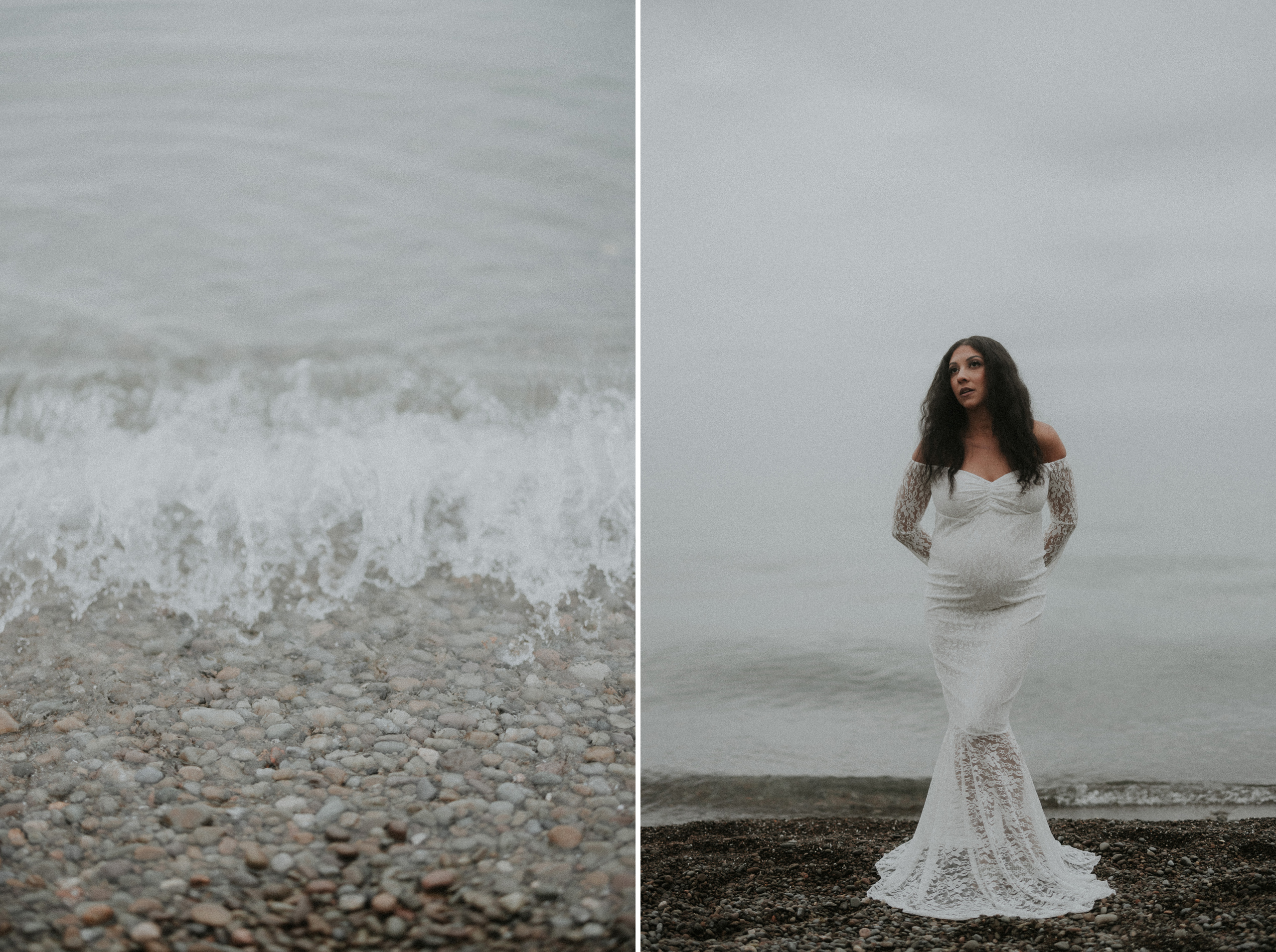 whtie lace gown pregnant maternity beach film photography