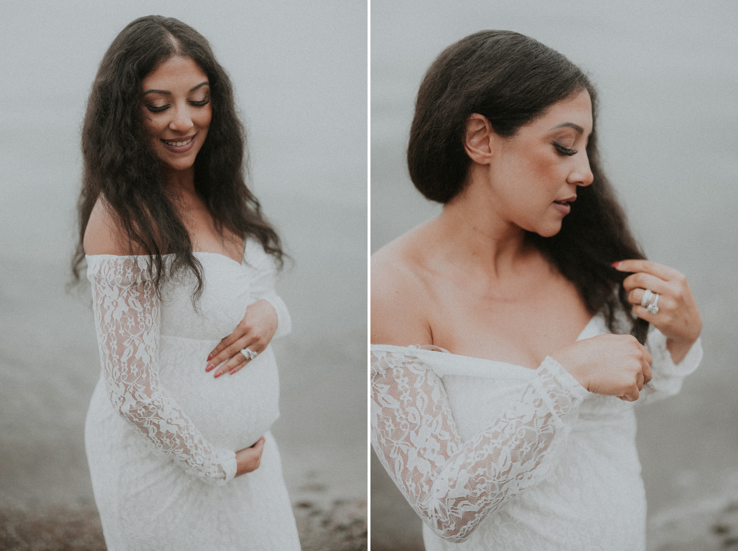 whtie lace gown pregnant maternity beach film photography