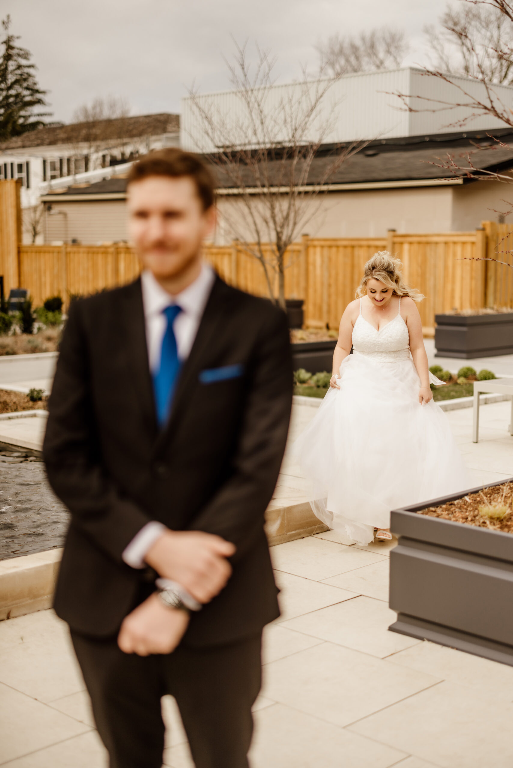 bride groom first look at queen NOTL wedding spring