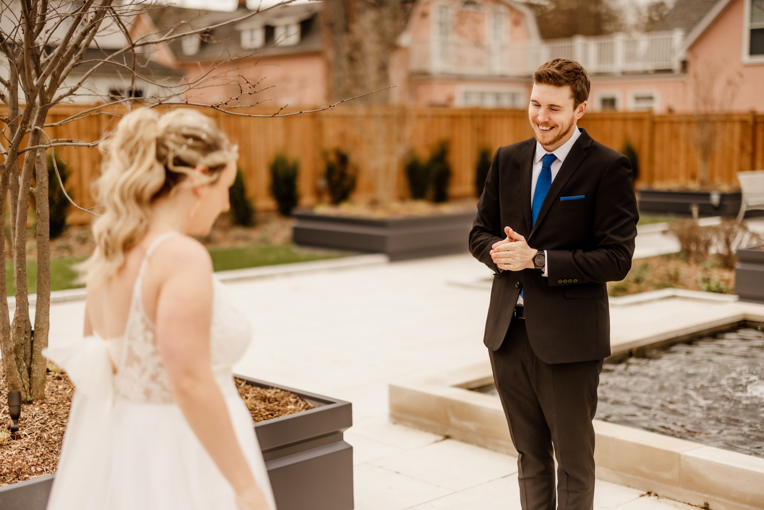 bride groom first look at queen NOTL wedding spring