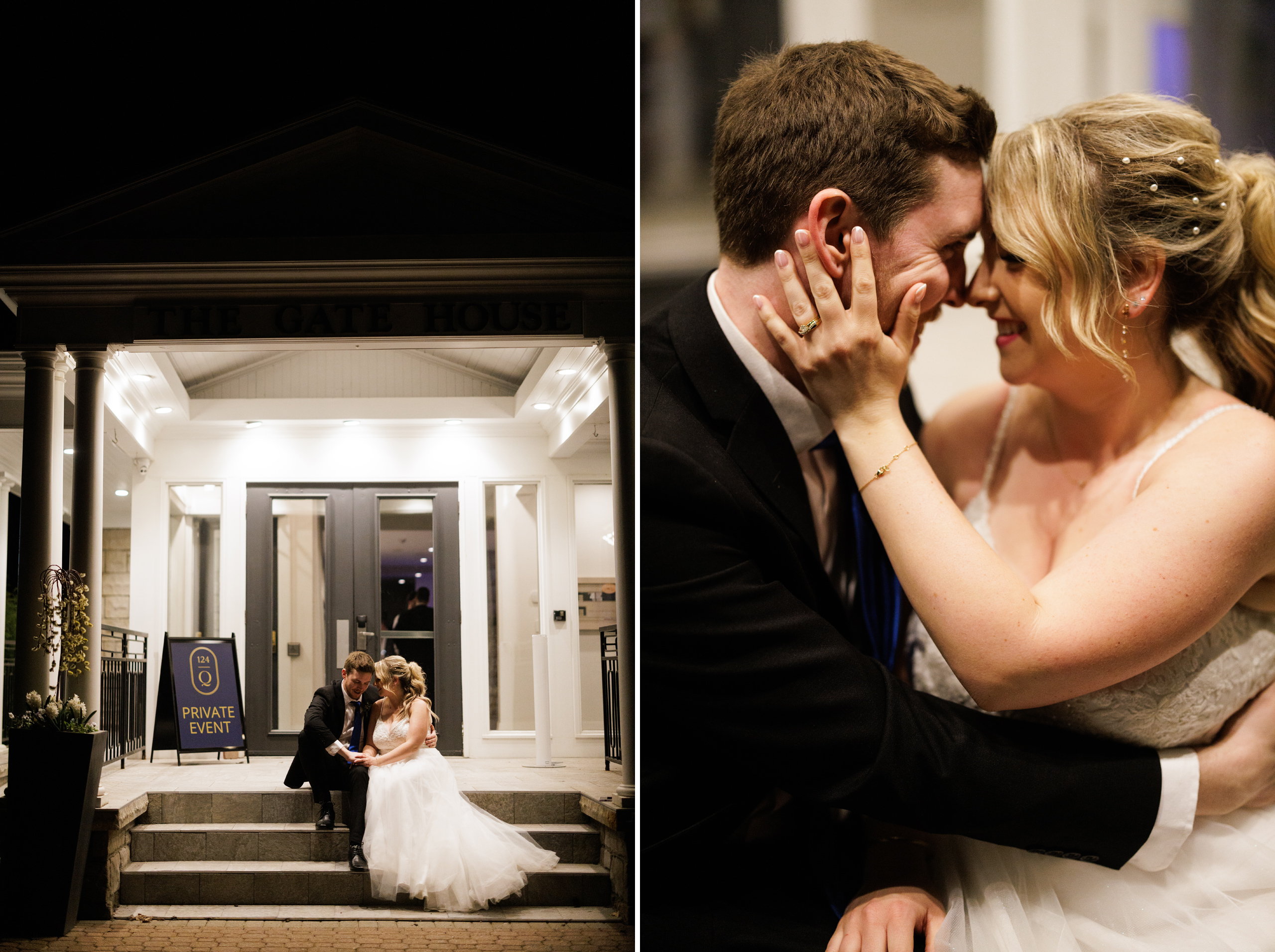 bride groom on steps of gate house at night