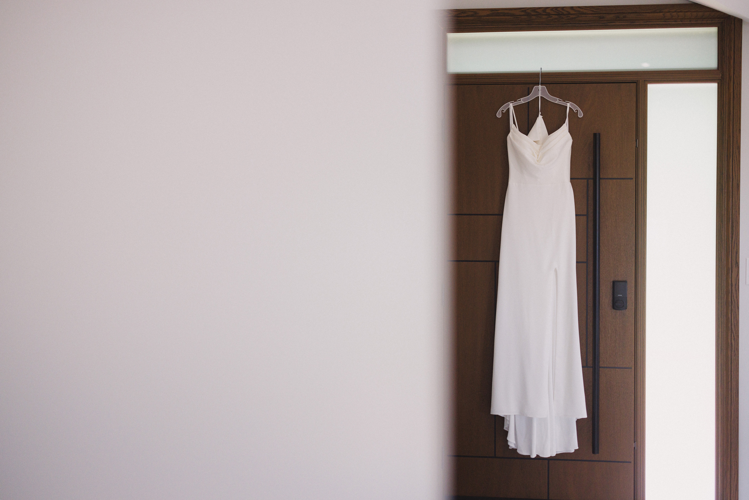 bridal gown hanging up