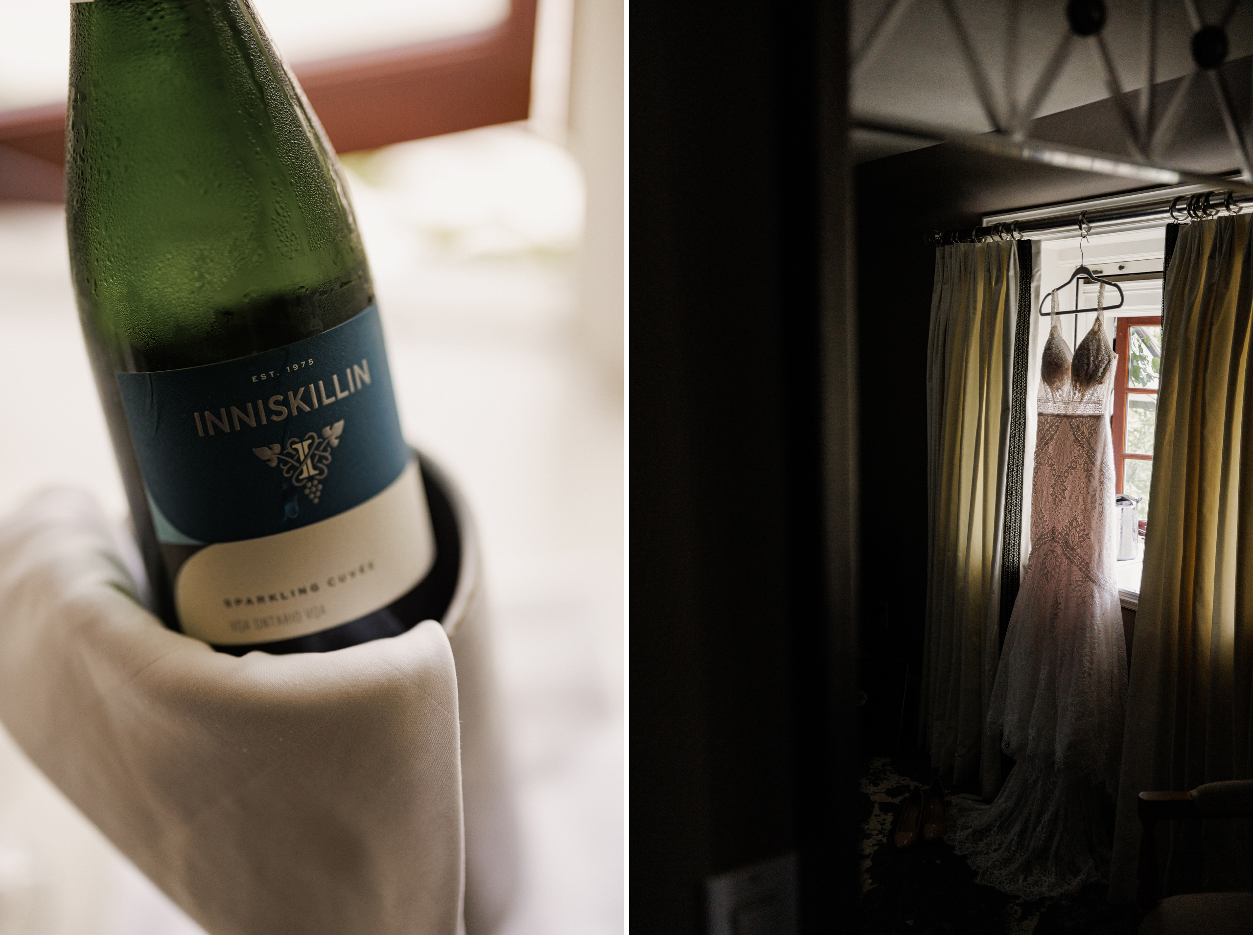 sparkling wine and wedding gown bridal suite ancaster mill