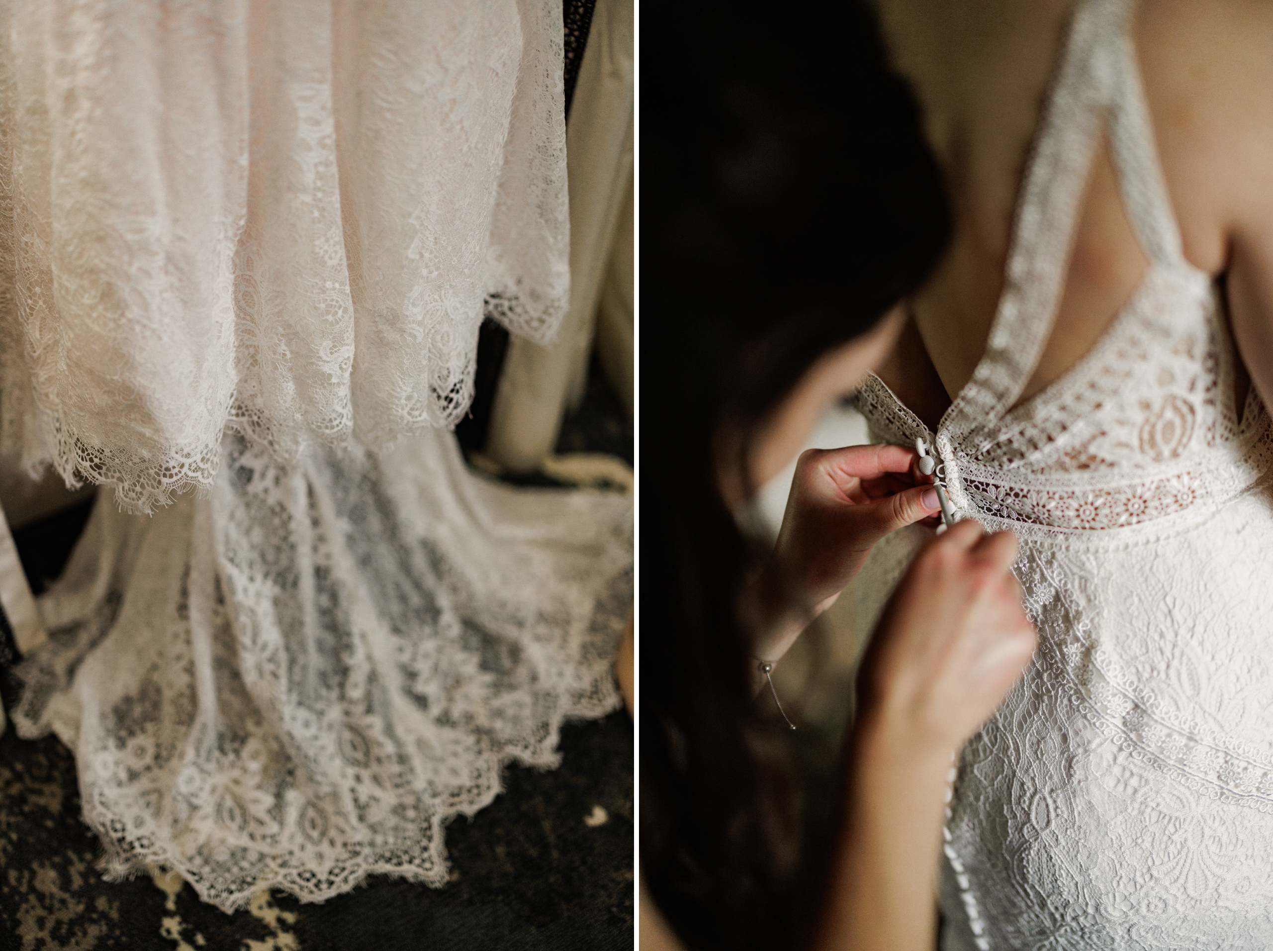 bride putting on dress ancaster mill bridal suite