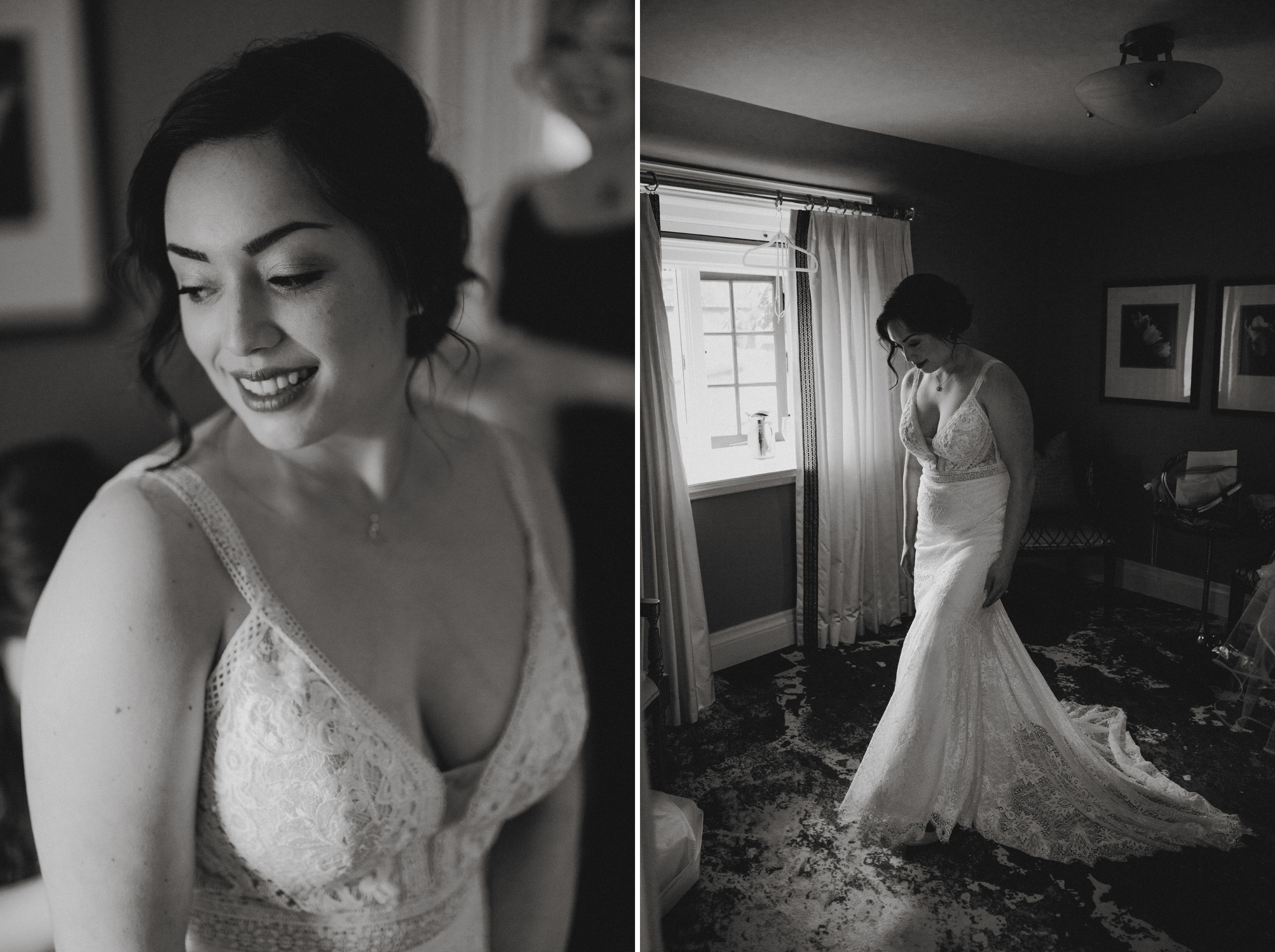 bride putting on dress ancaster mill bridal suite