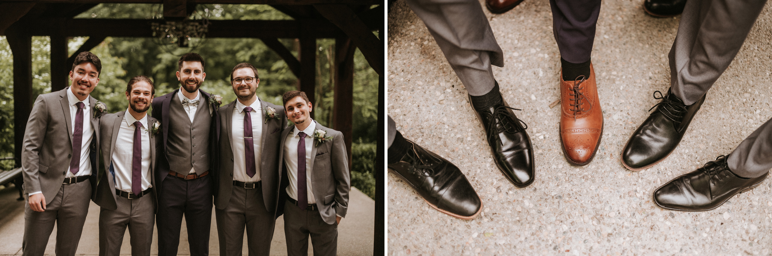 groomsmen walking bridge ancaster mill summer wedding