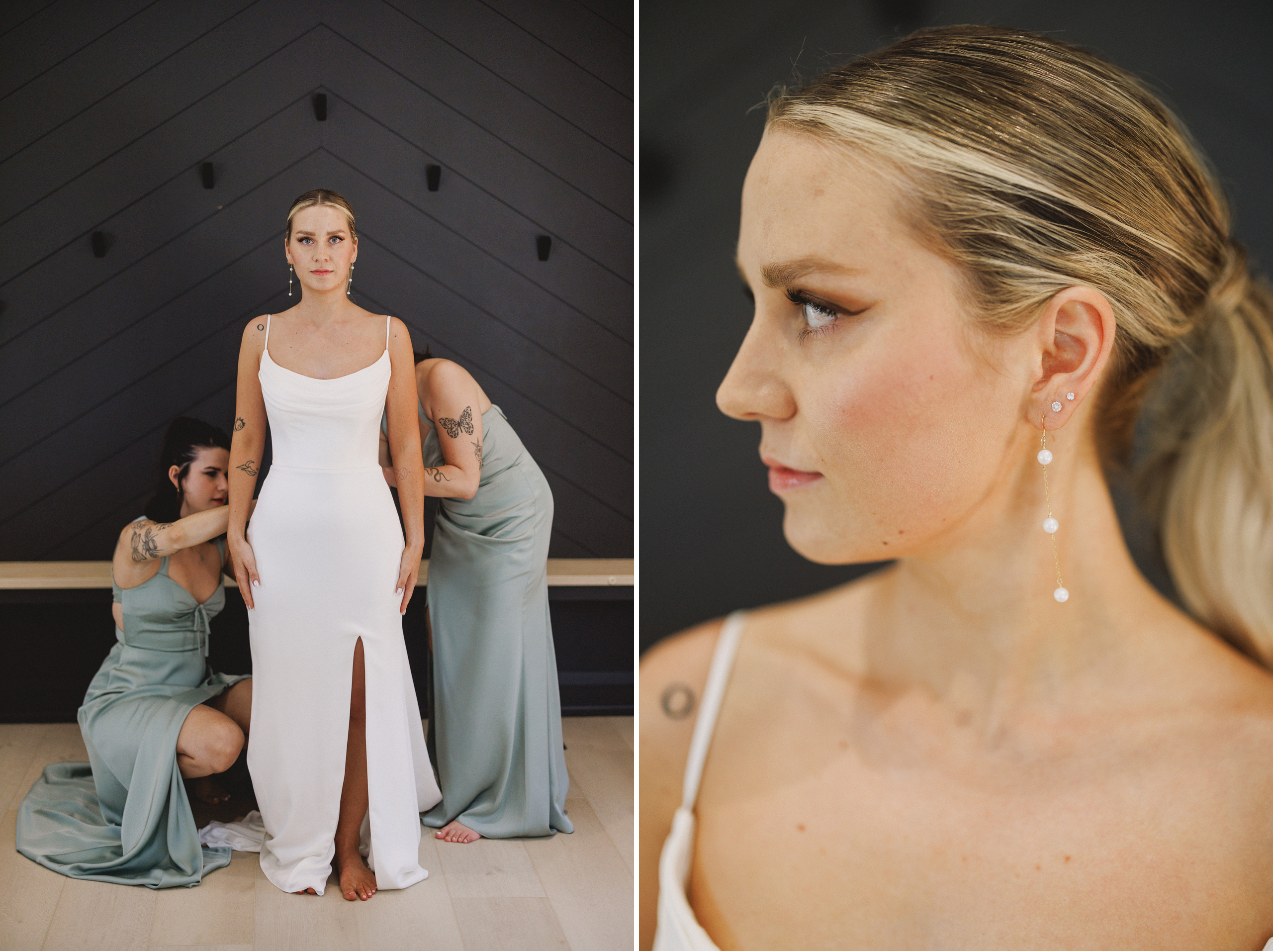 bride getting into dress niagara wedding summer