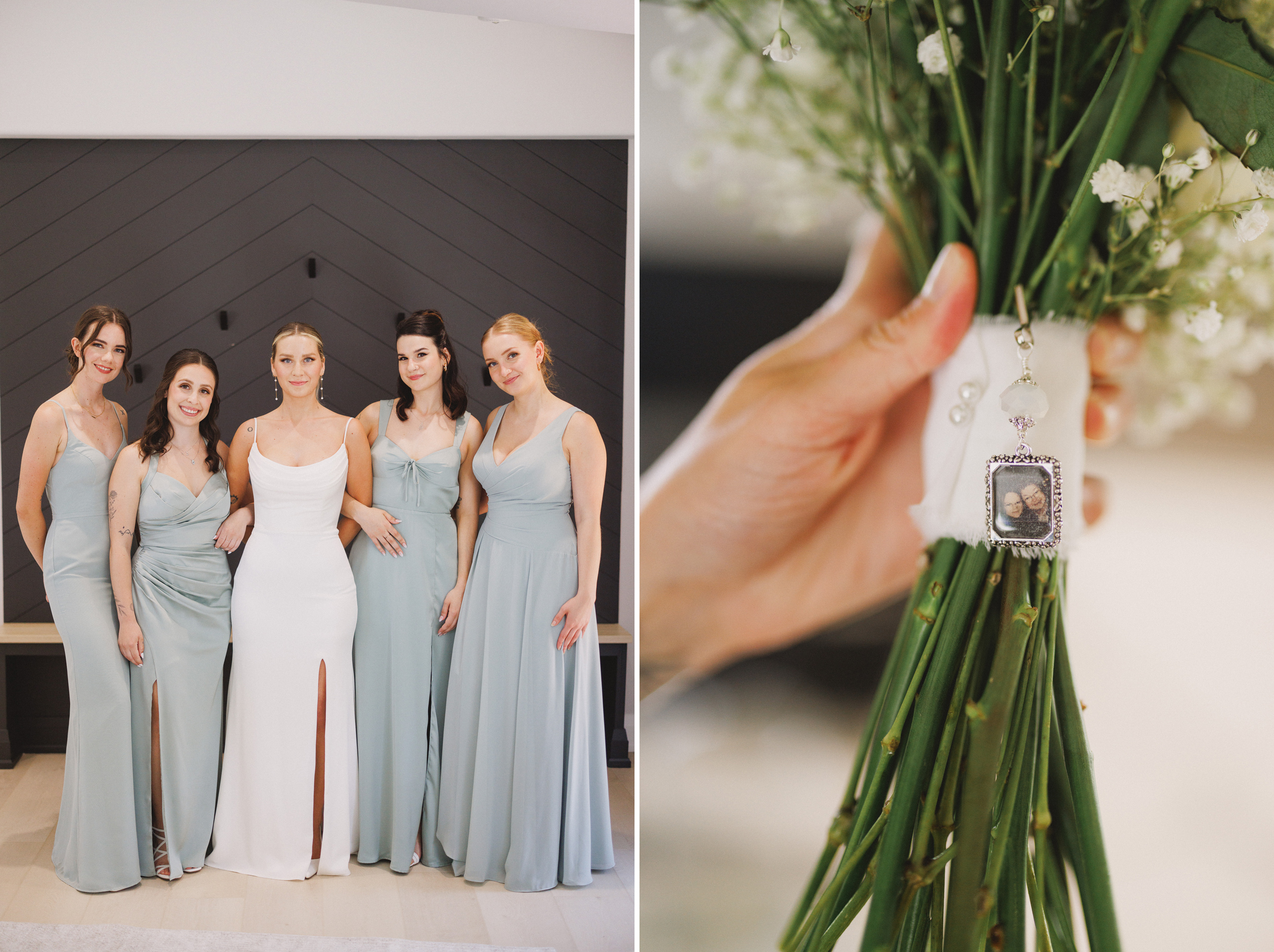 locket on bouquet bridesmaids dressed in gowns