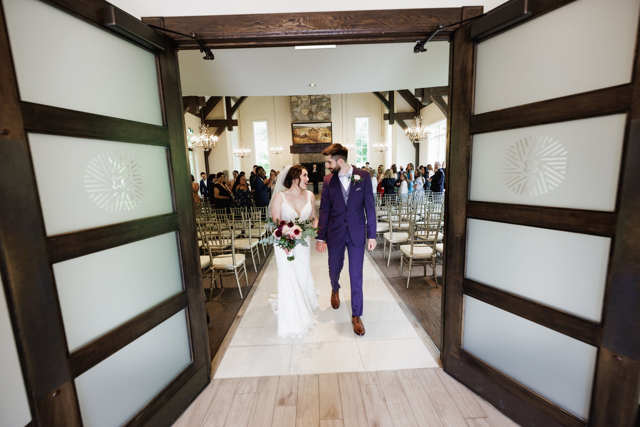 bride groom exit recessional wedding ceremny ancaster mill chape