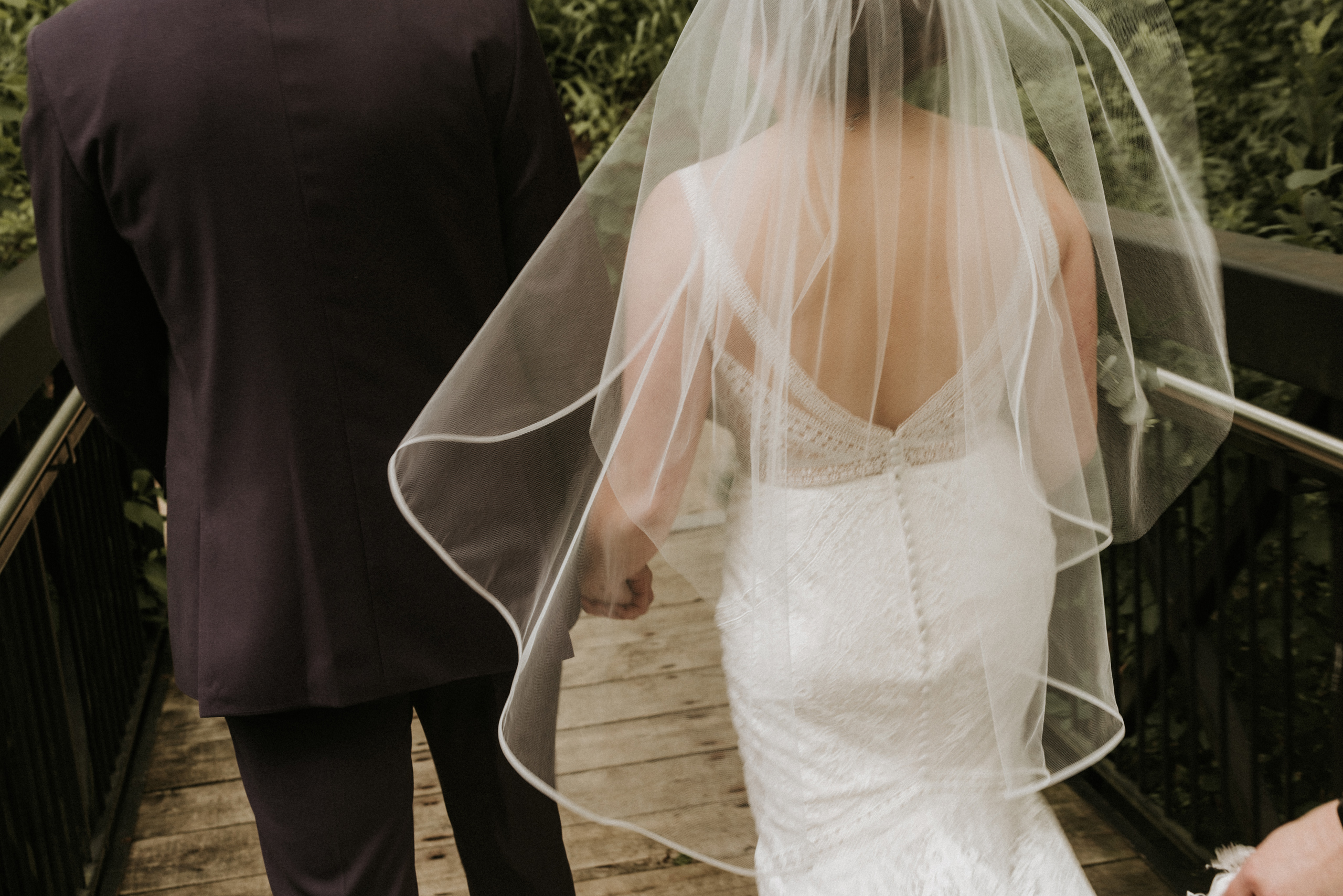 bride groom walking forest trail ancaster mill wedding summer