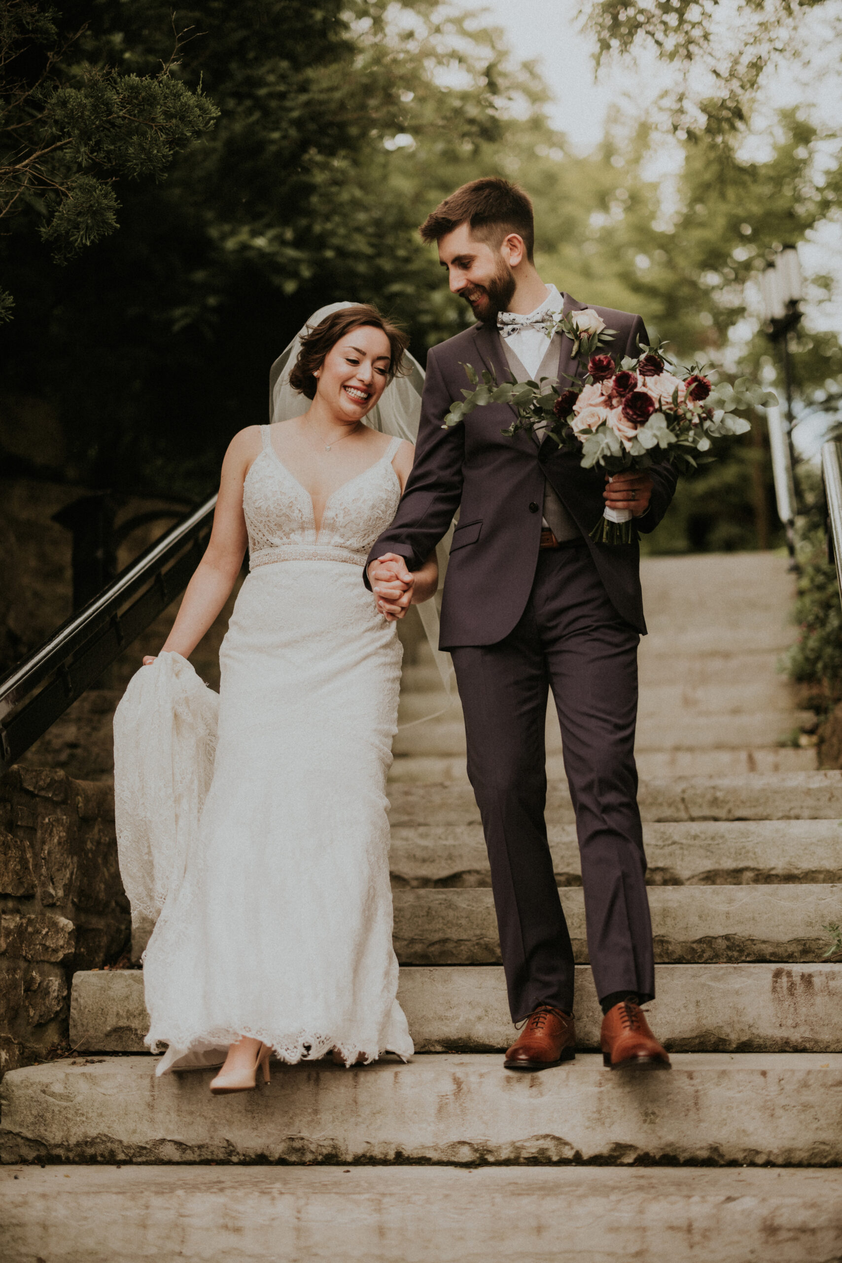 bride groom summer wedding ancaster mill stairs