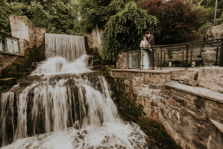 ancaster mill wedding waterfalls kiss romantic