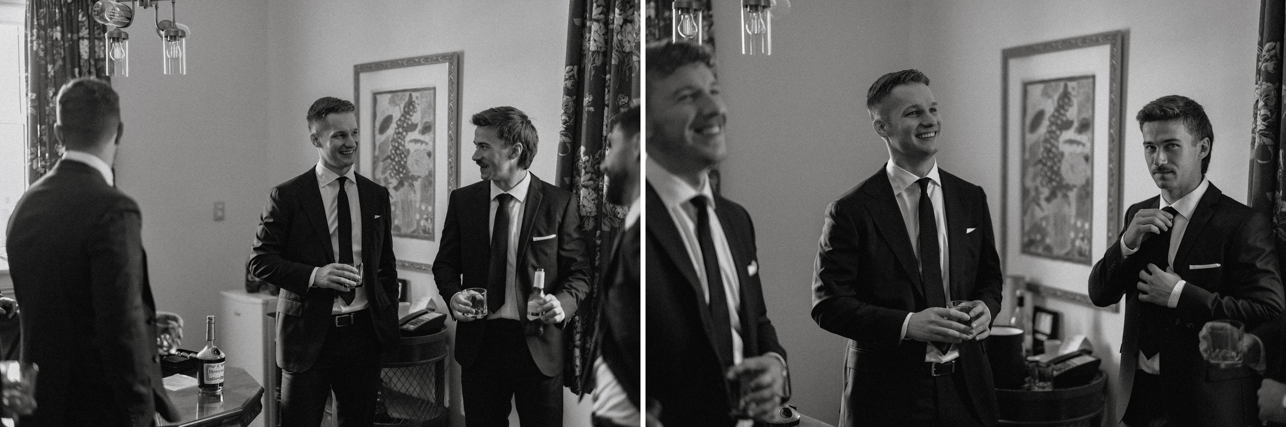 black white film groom getting ready inn on the twenty