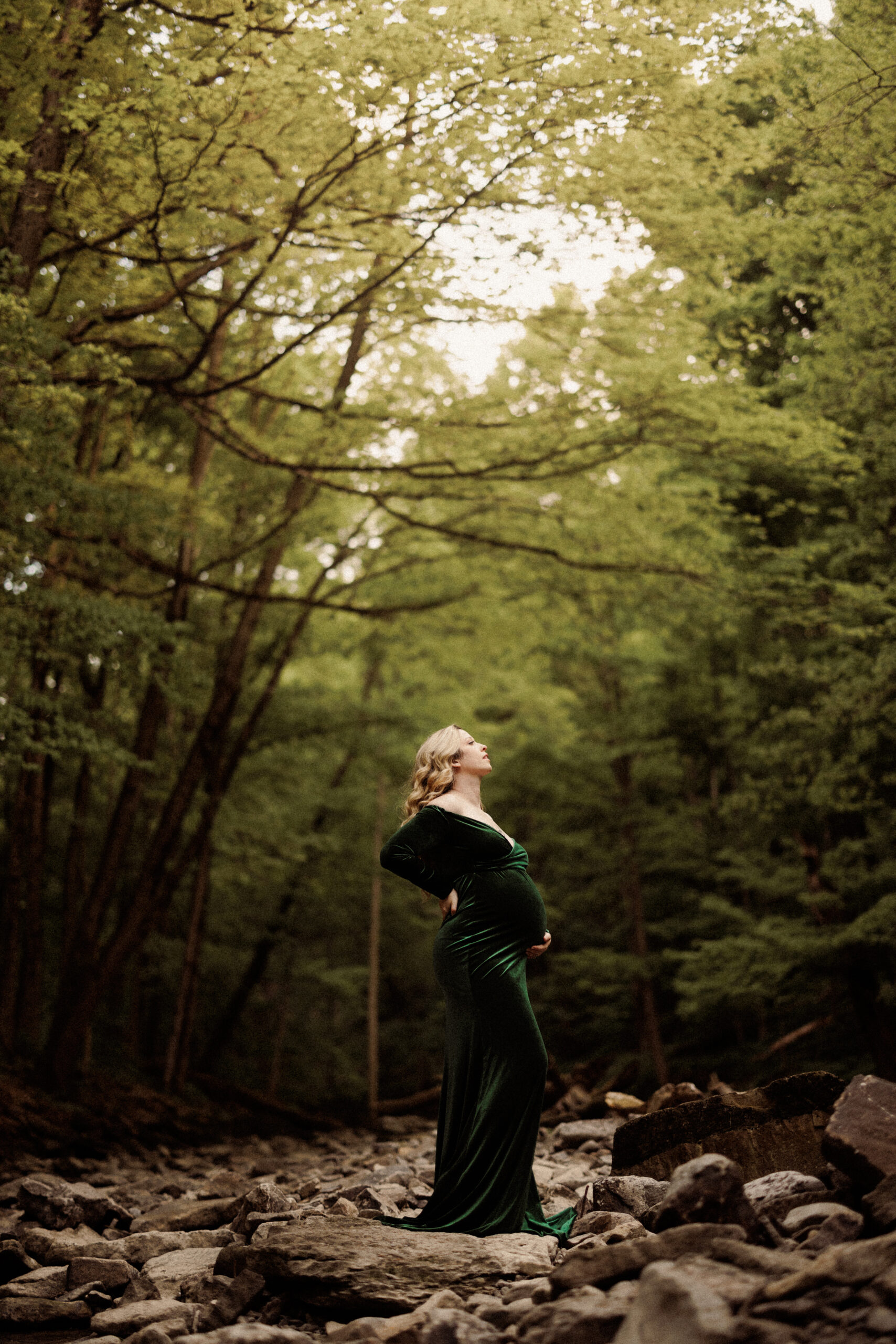 elegant velvet green maternity gown outdoor forest photography a