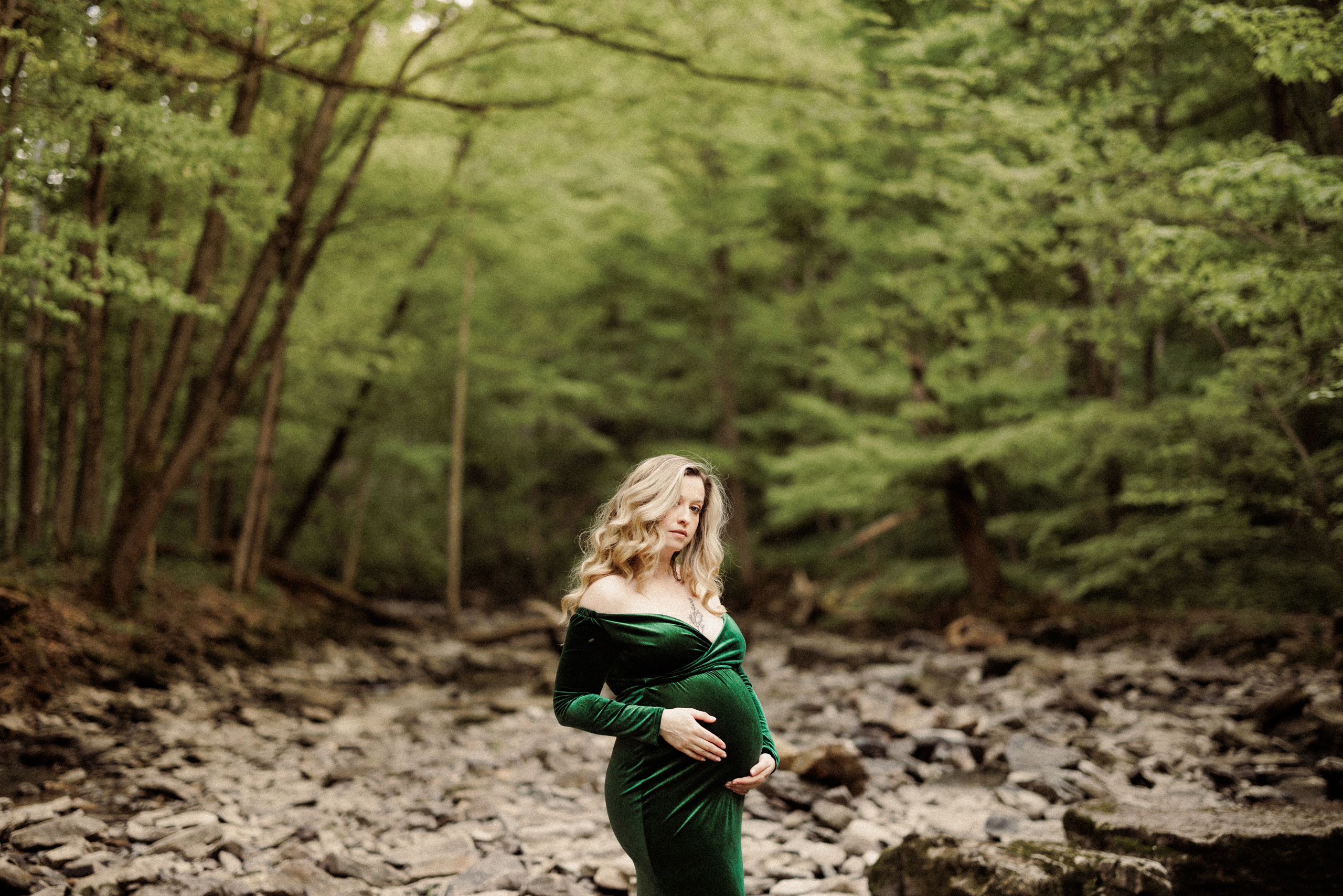 elegant velvet green maternity gown outdoor forest photography a