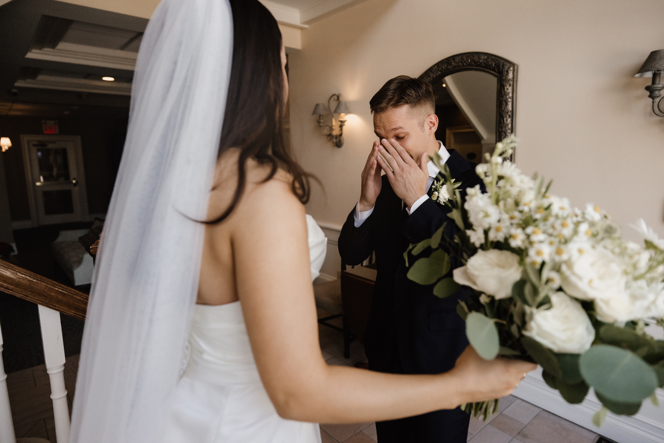 bride groom first look indoor inn on the twenty summer wedding