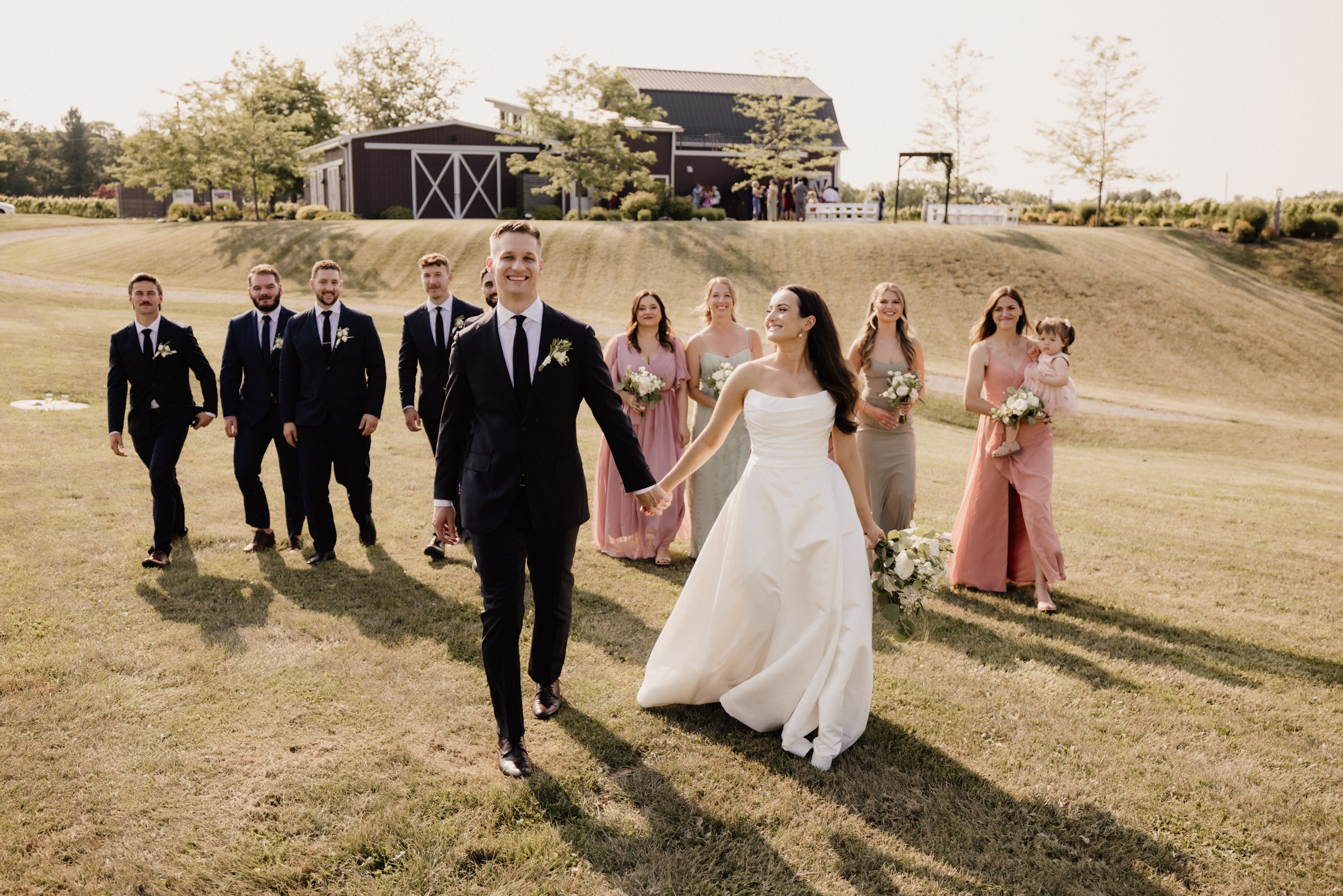 wedding party walk through field cave spring barns