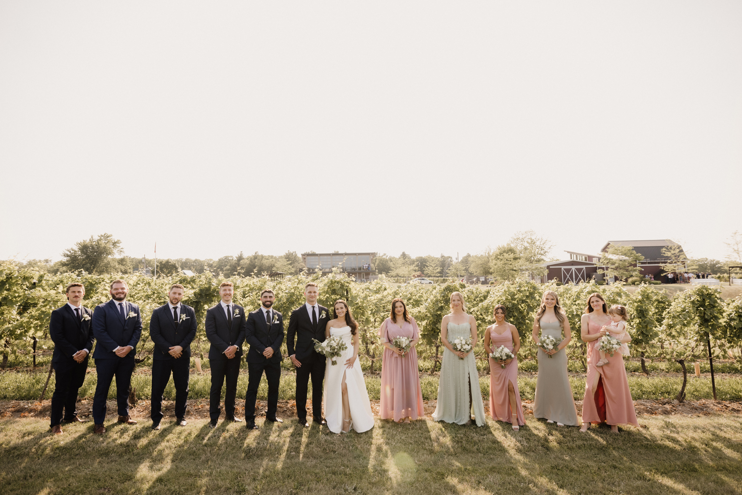 wedding party in vineyard cave spring group photo