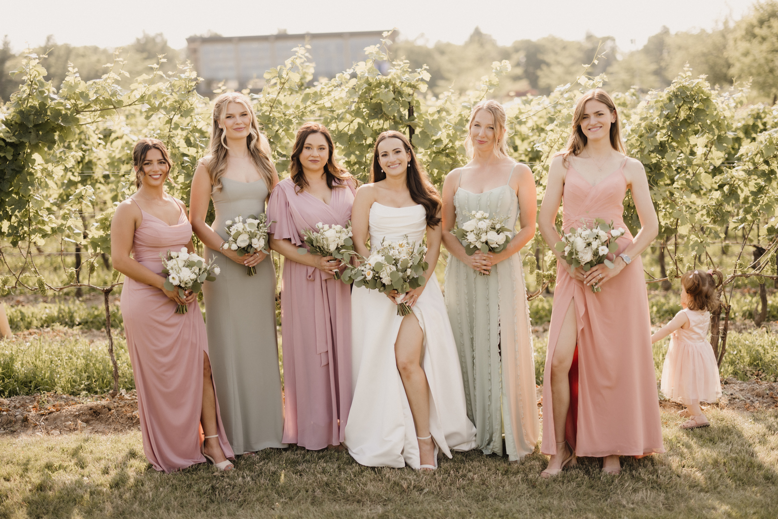 bridesmaids pink green blush dresses vineyard summer wedding nia