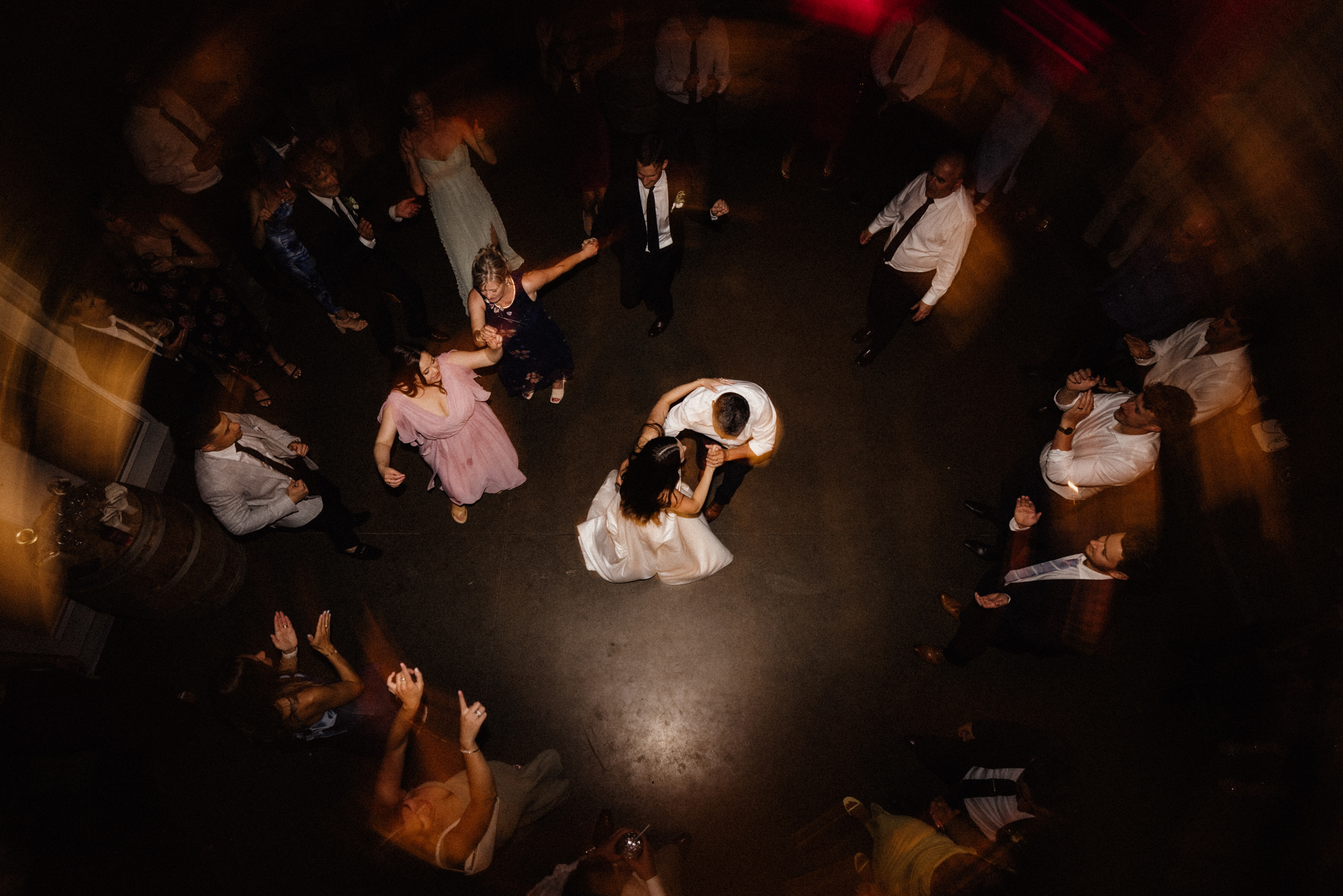 overhead view of dancefloor barn cave spring vineyard wedding