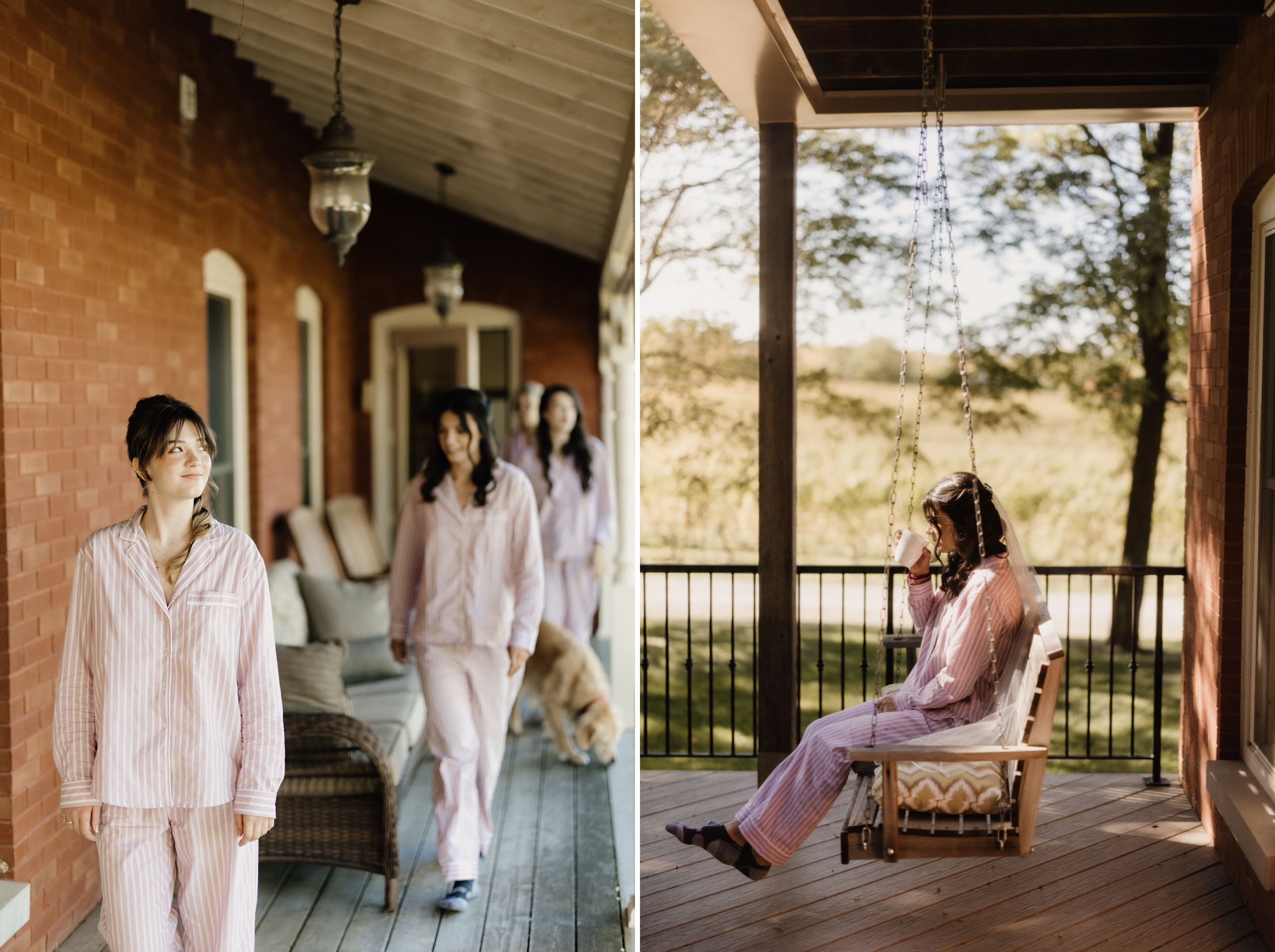 bridesmaids and bride pajamas porch cave spring estate house aut