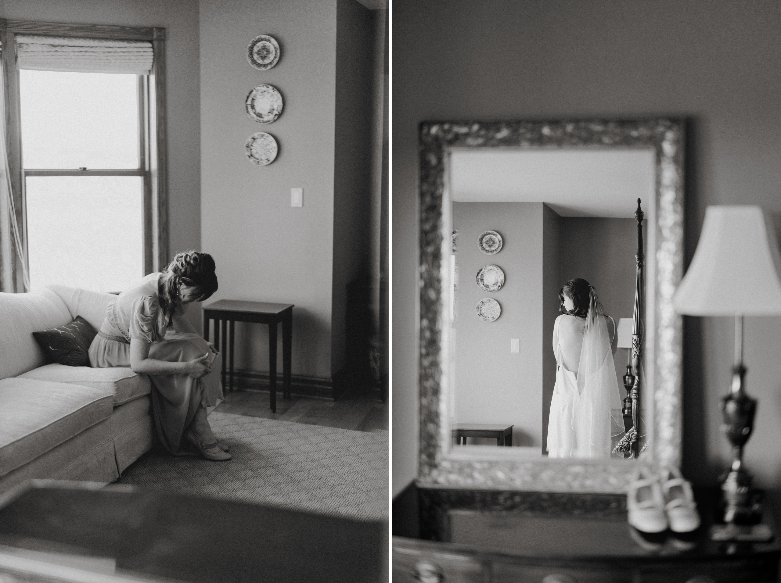 black white film bride getting ready cave spring estate house