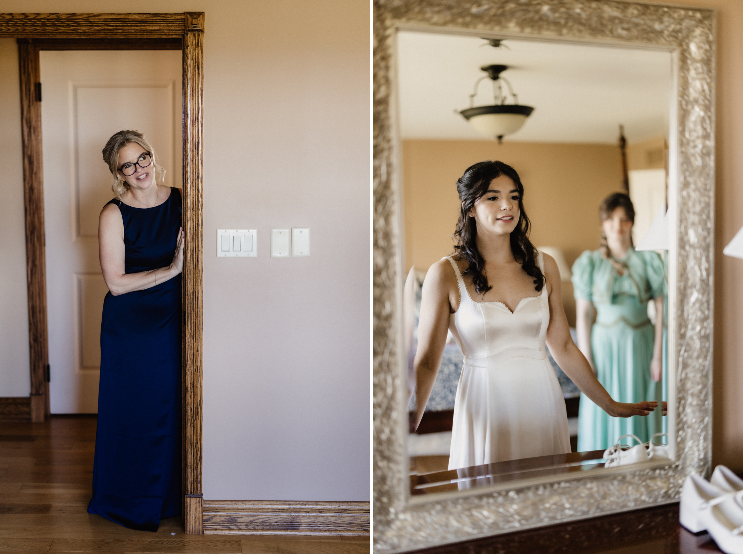 mother looks on as bride gets ready