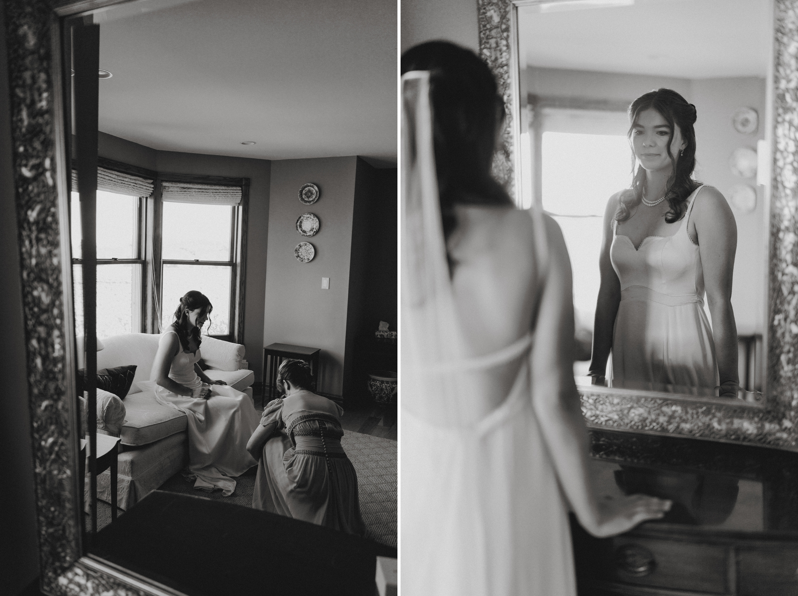 black white film bride getting ready looking in mirror cave spri