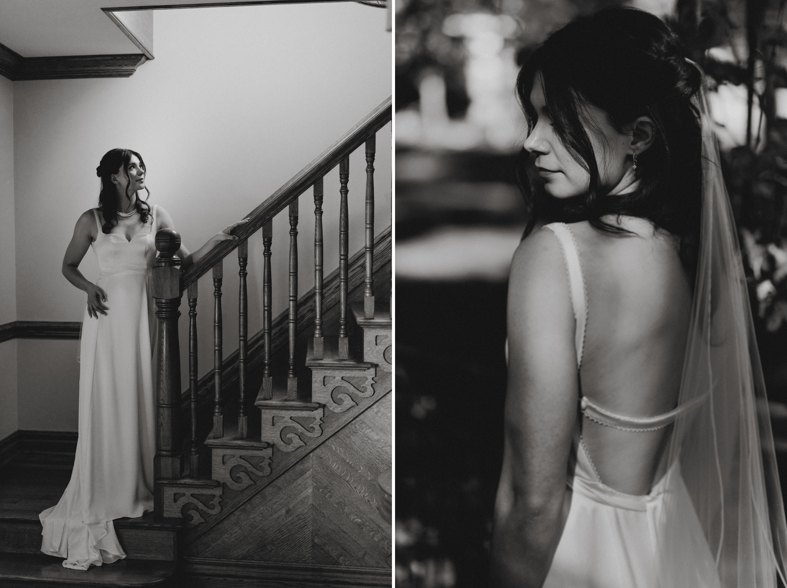 black white bride portrait stairs cave spring estate house weddi