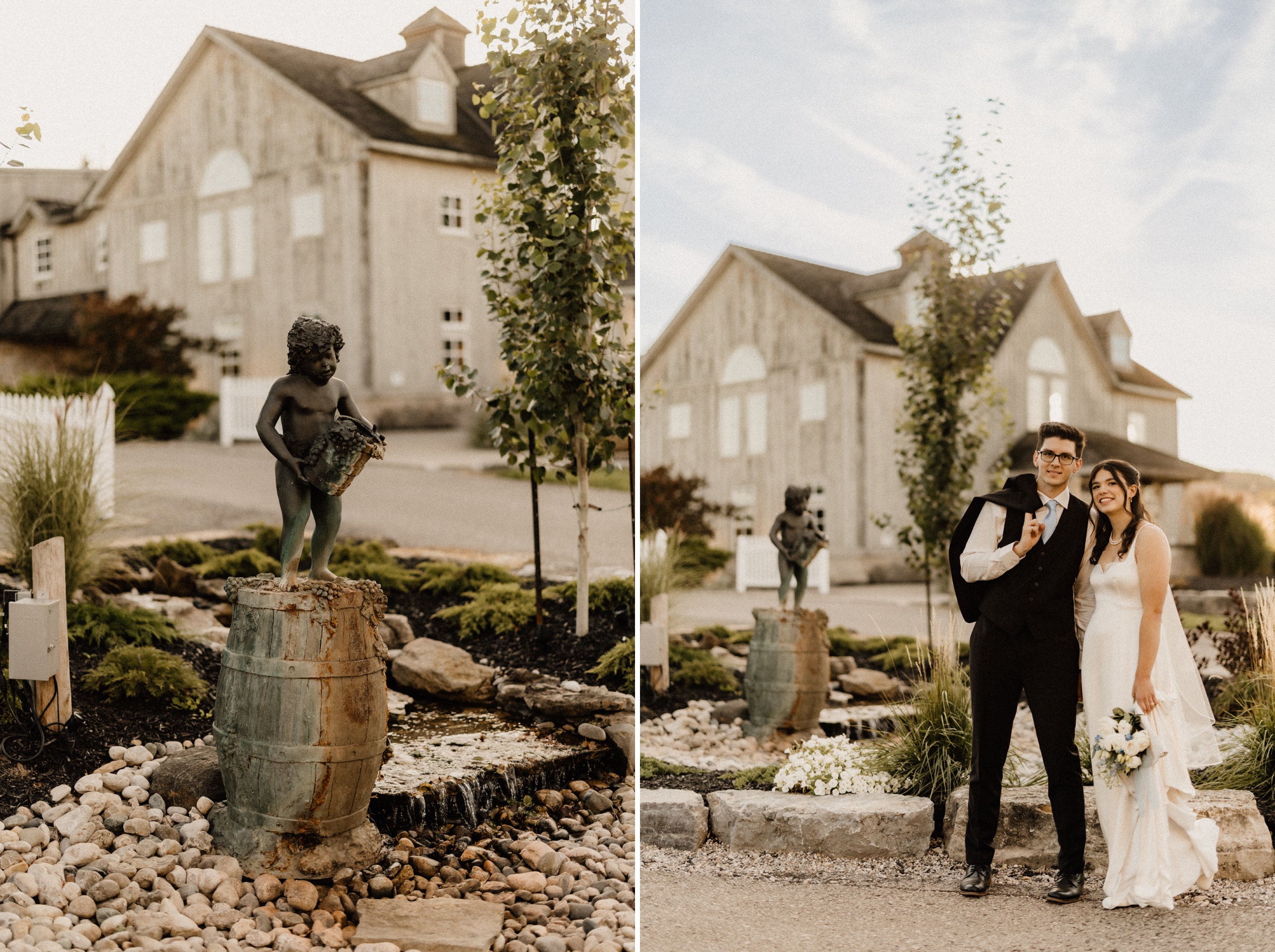 bride groom peninsula ridge winery wedding autumn fountain barn