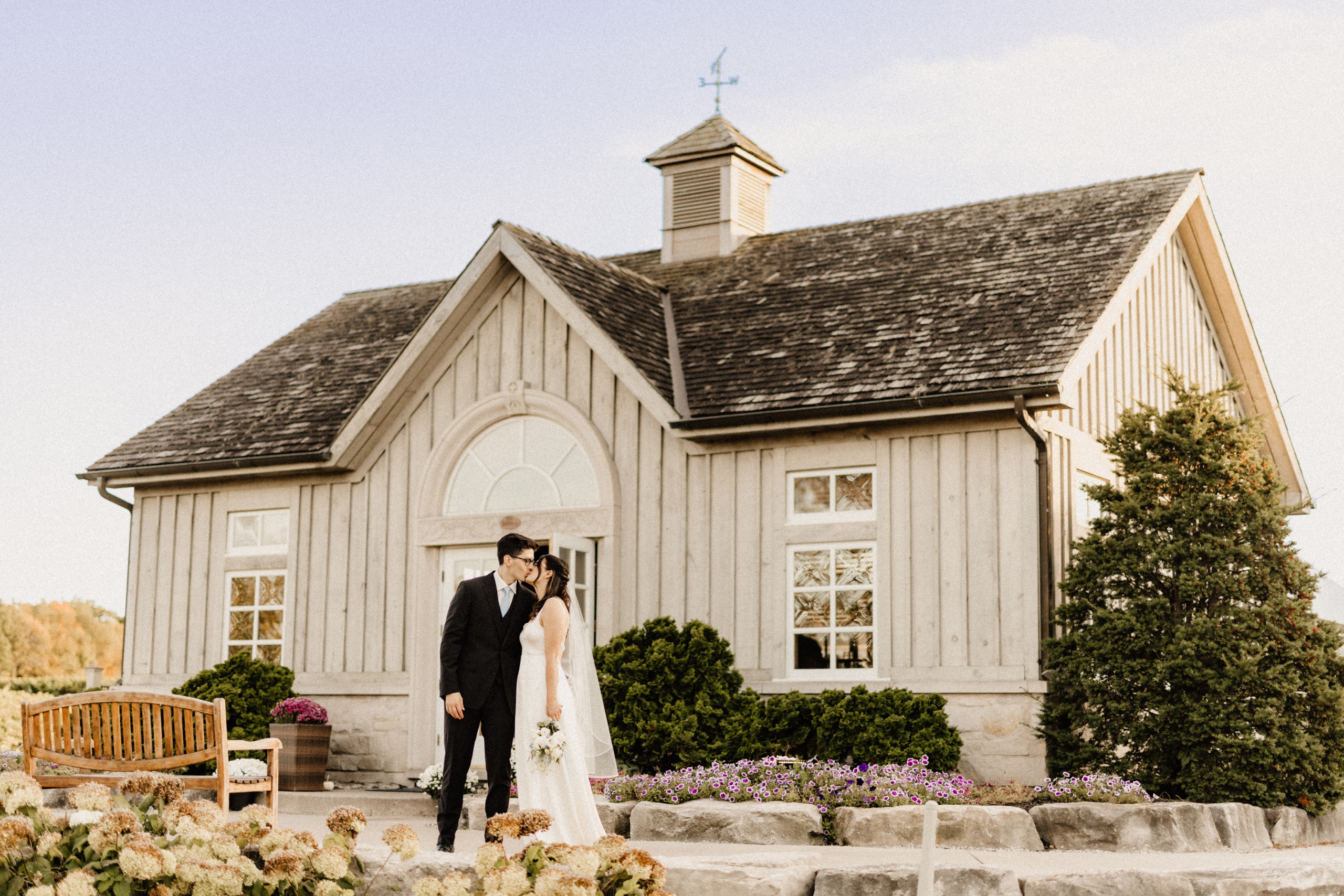bride groom peninsula ridge winery wedding autumn fountain barn