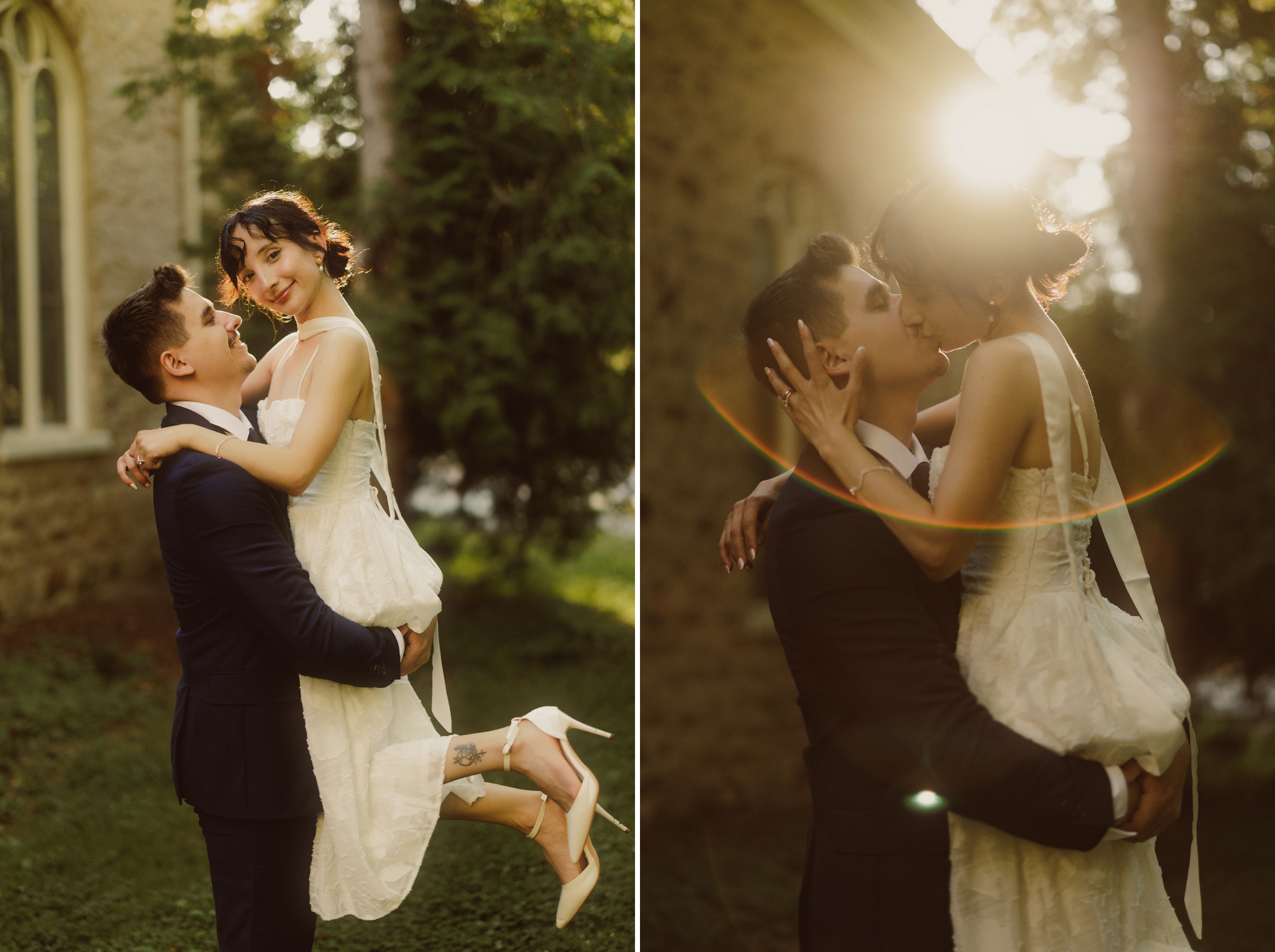 dreamy film photography romantic kiss pick up bride niagara