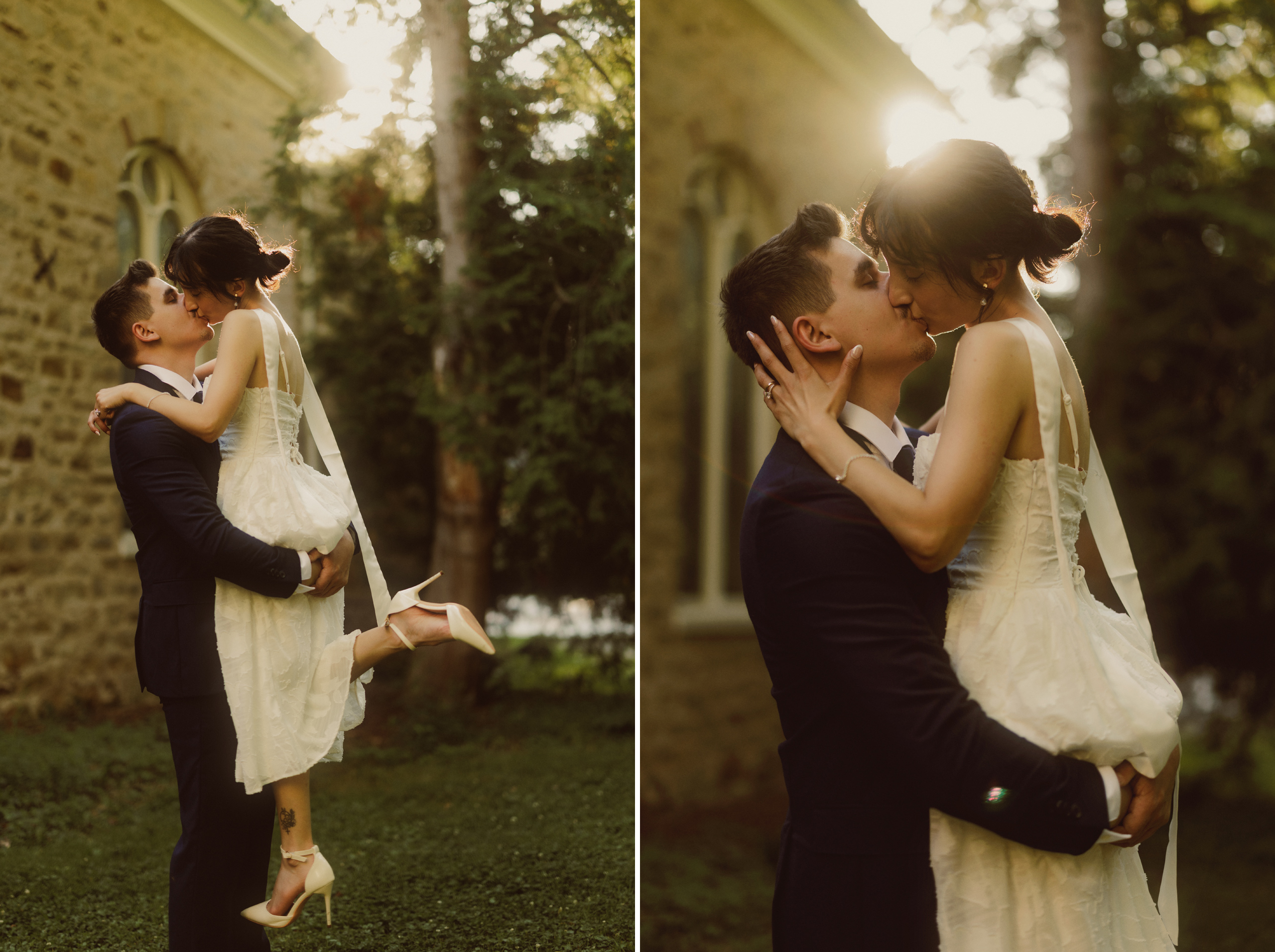 dreamy film photography romantic kiss pick up bride niagara