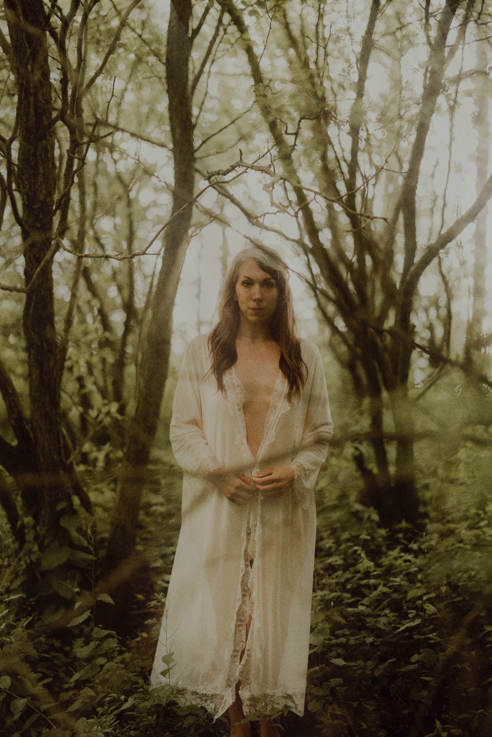 hawthorn forest outdoor boudoir lace robe film photographer niag