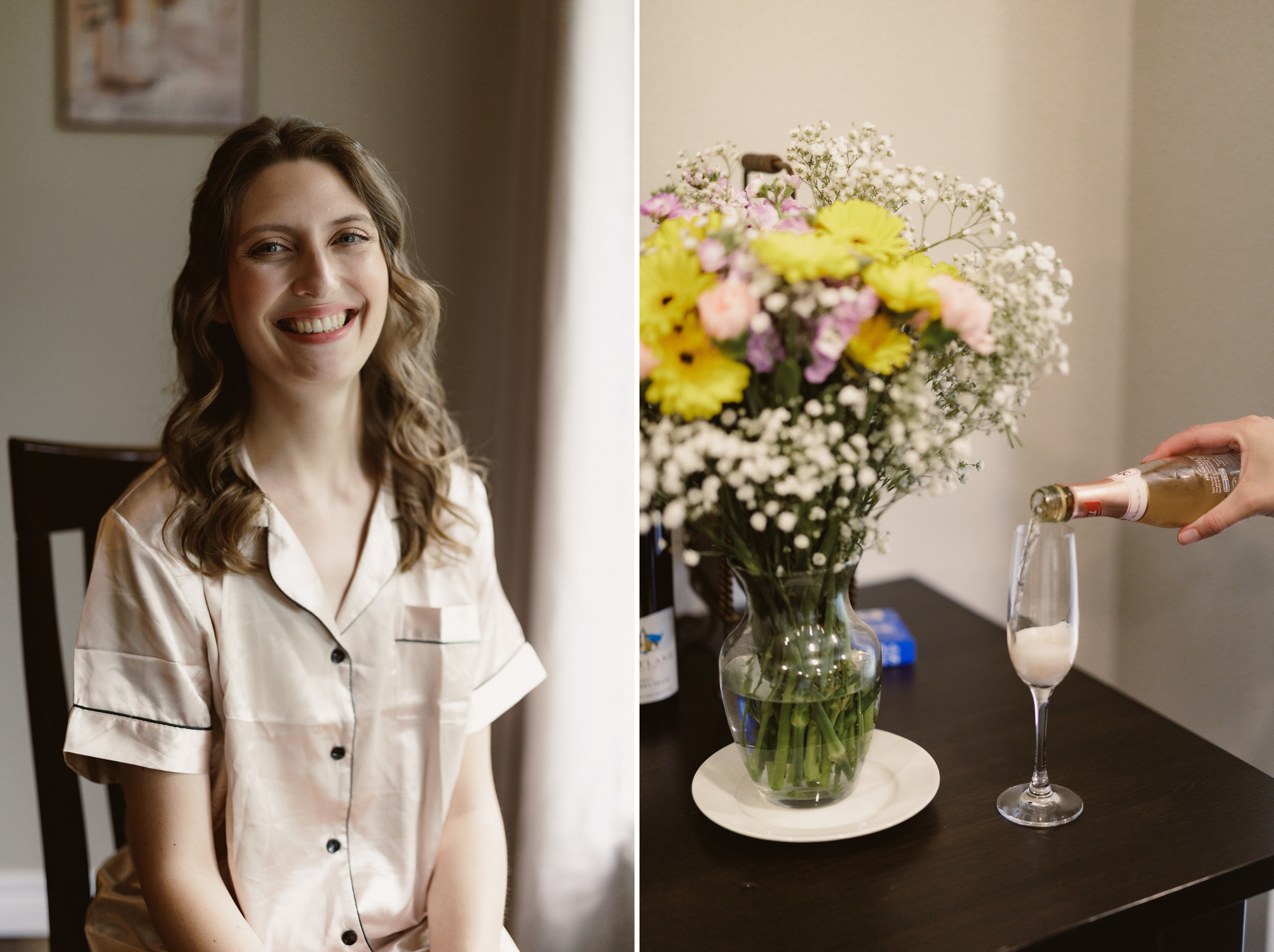bride robes champagne flowers