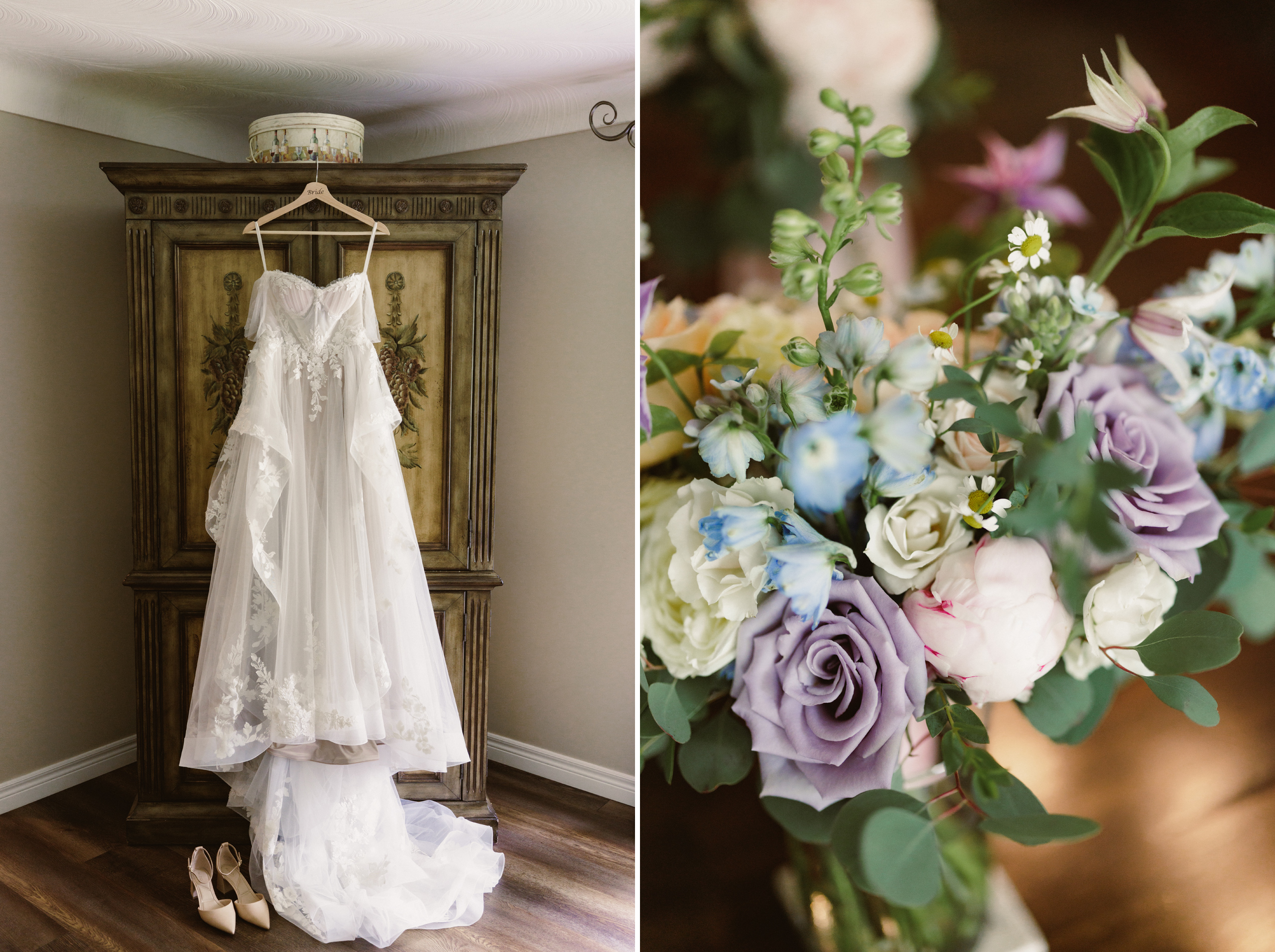 wedding gown hanging wine country floral