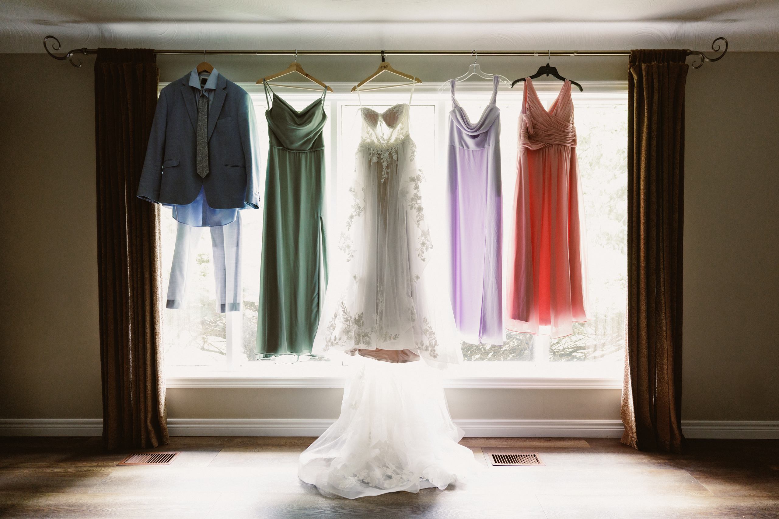 bridemaids dresses hanging up wedding
