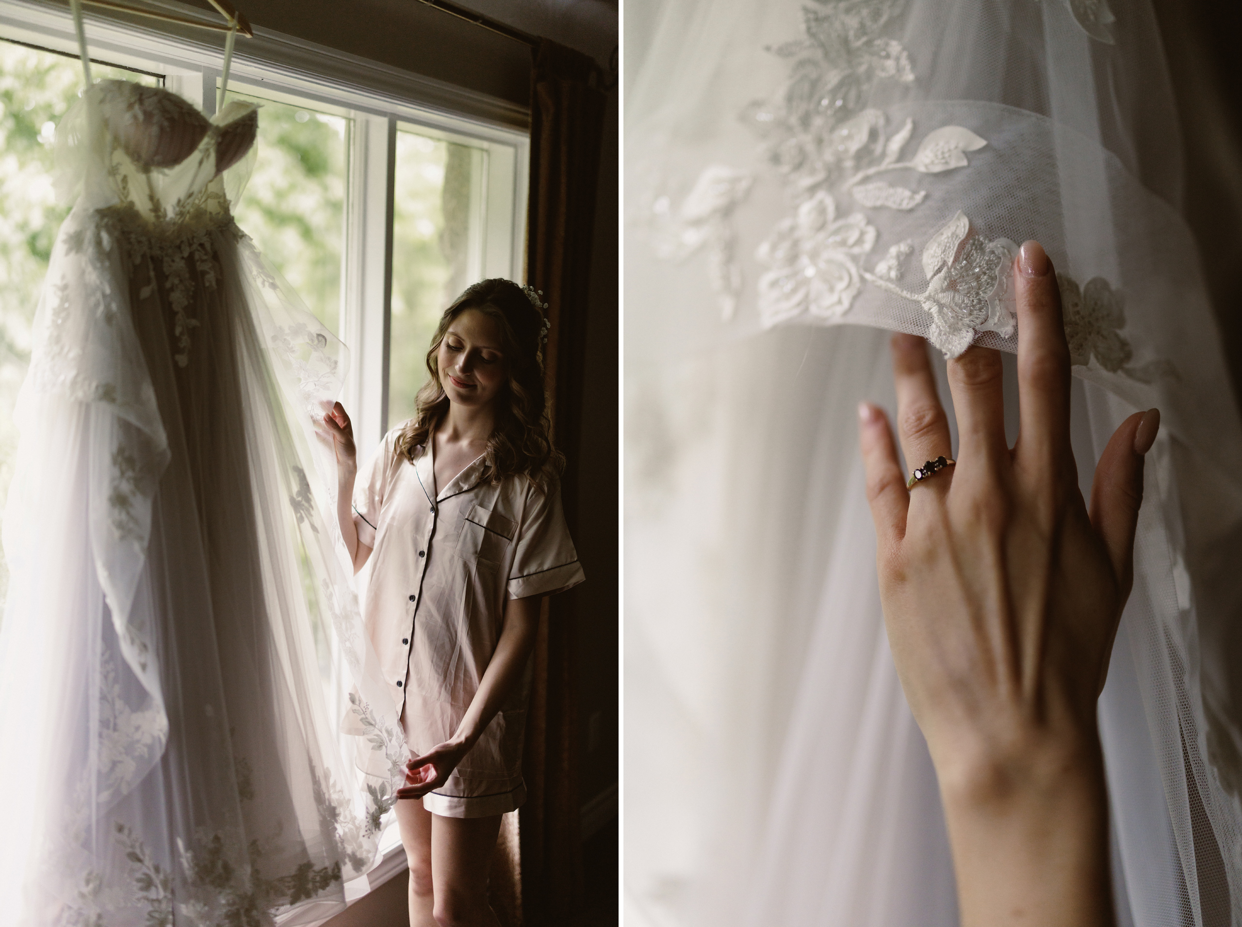 bride looking at dress wedding photography